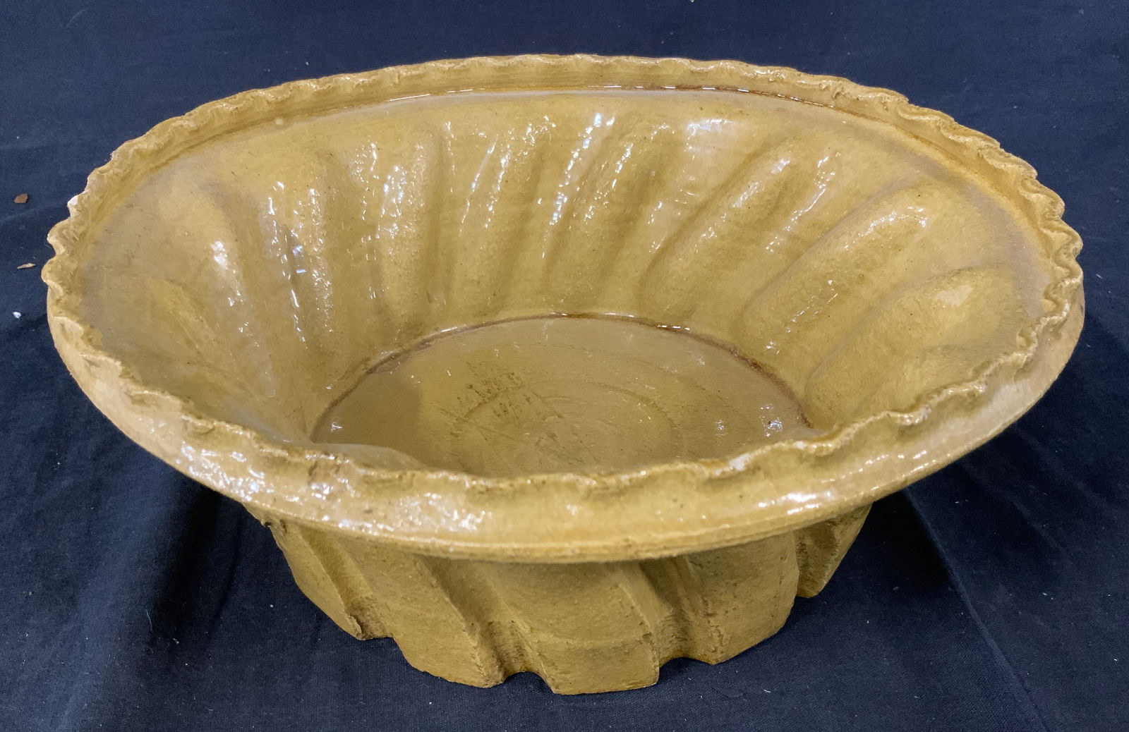 Mustard Yellow Jardiniere Bowl: Yellow hand Made centerpiece bowl, atypical Bundt shape with pie crust scalloping around the top edge, 4 1/4 in tall by 11 in in diameter Painted mustard, centerpiece, centerpiece bowl, home decor, ki