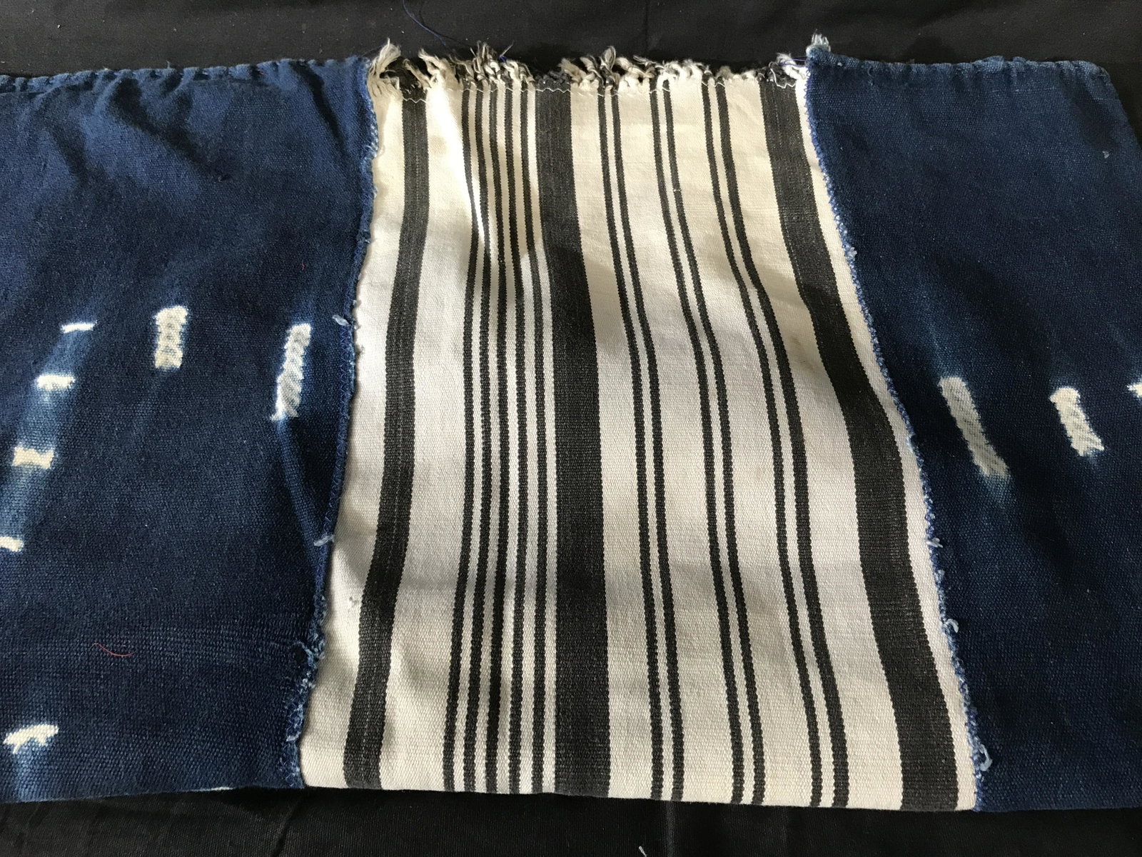 Vintage Burkina Faso Indigo Textile: Vintage Burkina Faso Indigo textile, fabric with threads loose on the ends, originates from Burkina Faso West Africa officially the Republic of Burkina Faso, overall in good condition, measures approx