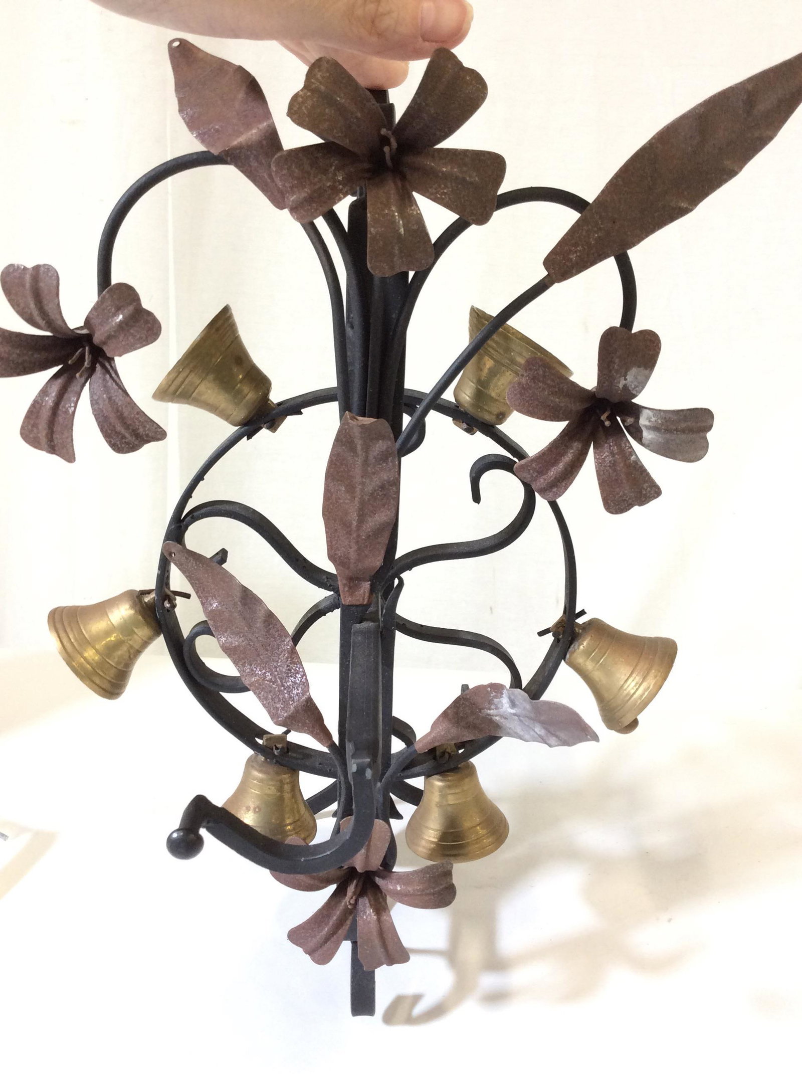 Spanish Revival Iron & Brass Doorbell Chime: Spanish Revival Chime Bell Crank. Hand crafted from wrought iron with 6 solid cast brass bells which give a wonderful multi-tonal ring when the pole is turned. There is a capped off end on the upper h