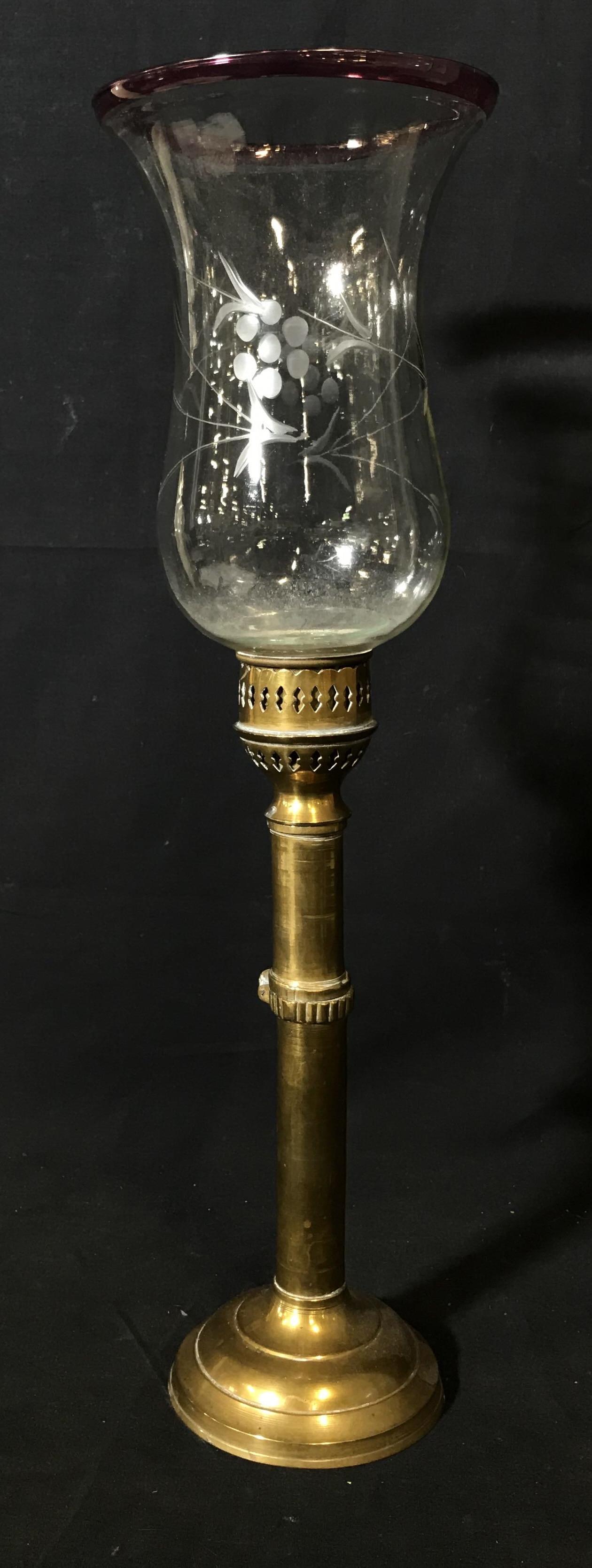 Vintage Brass tnd Hurricane Glass, Gas Lamp: Vintage brass gas lamp, made up of three parts, has a glass shade with grape designs and a purple glass rim, brass bottom to shade reads ‘oo25’, shade connects to removable pole that can be insert