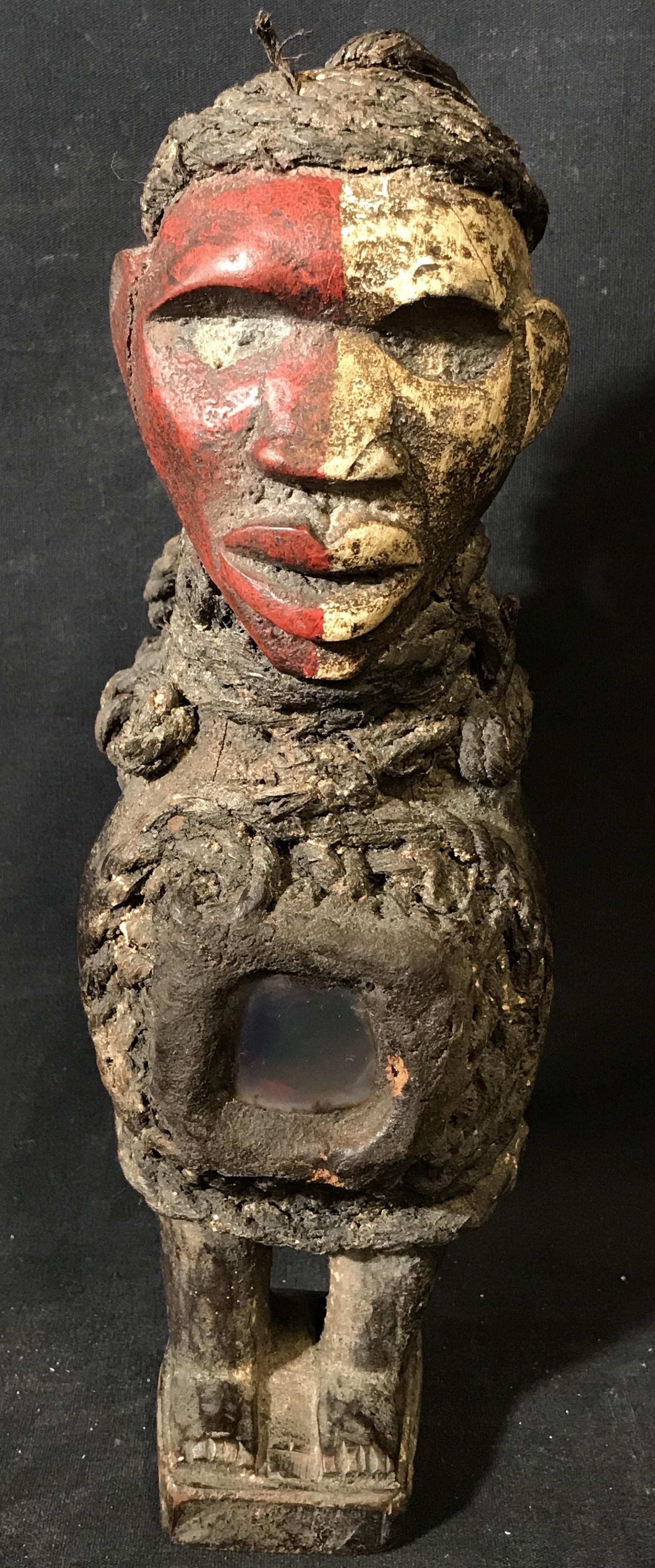 Bakongo Red and White Face Fetish: Bakongo Red and White Face fetish, origins can be found in what was once called the Republic of Zaire and is now located in The Democratic Republic of the Congo Central Africa, made of wood and rope w
