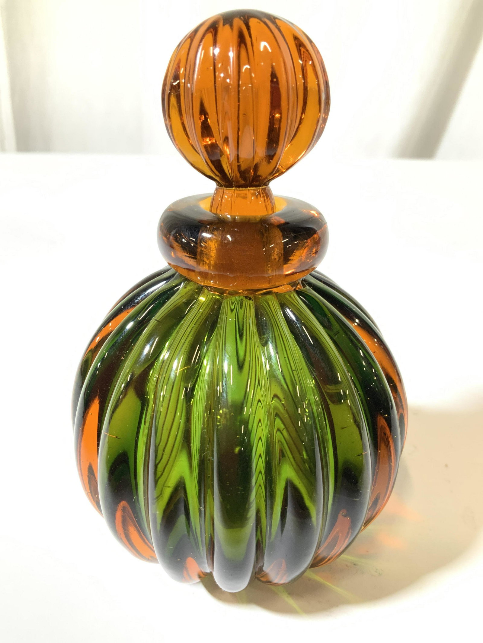 Artist Signed Murano Art Glass Bottle W Stopper: Signed on underside illegibly, hand formed hand crafted art glass, decorative arts, Italian hand crafted art glass , bottle with stopper, Decorative accessory, collectible tableware, decorative arts a