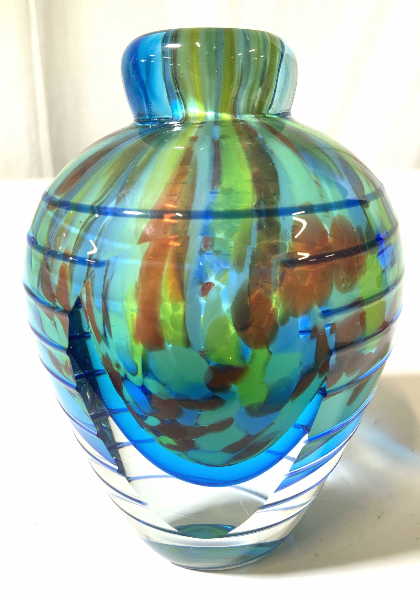 Murano Art Glass Colorful Vessel: Double walled art glass vase, heavy weight, apparently unsigned, top opening has glass plug, Possibly partial stopper, decorative arts, Decorative accessories, table ware, collectible art glass, perfu