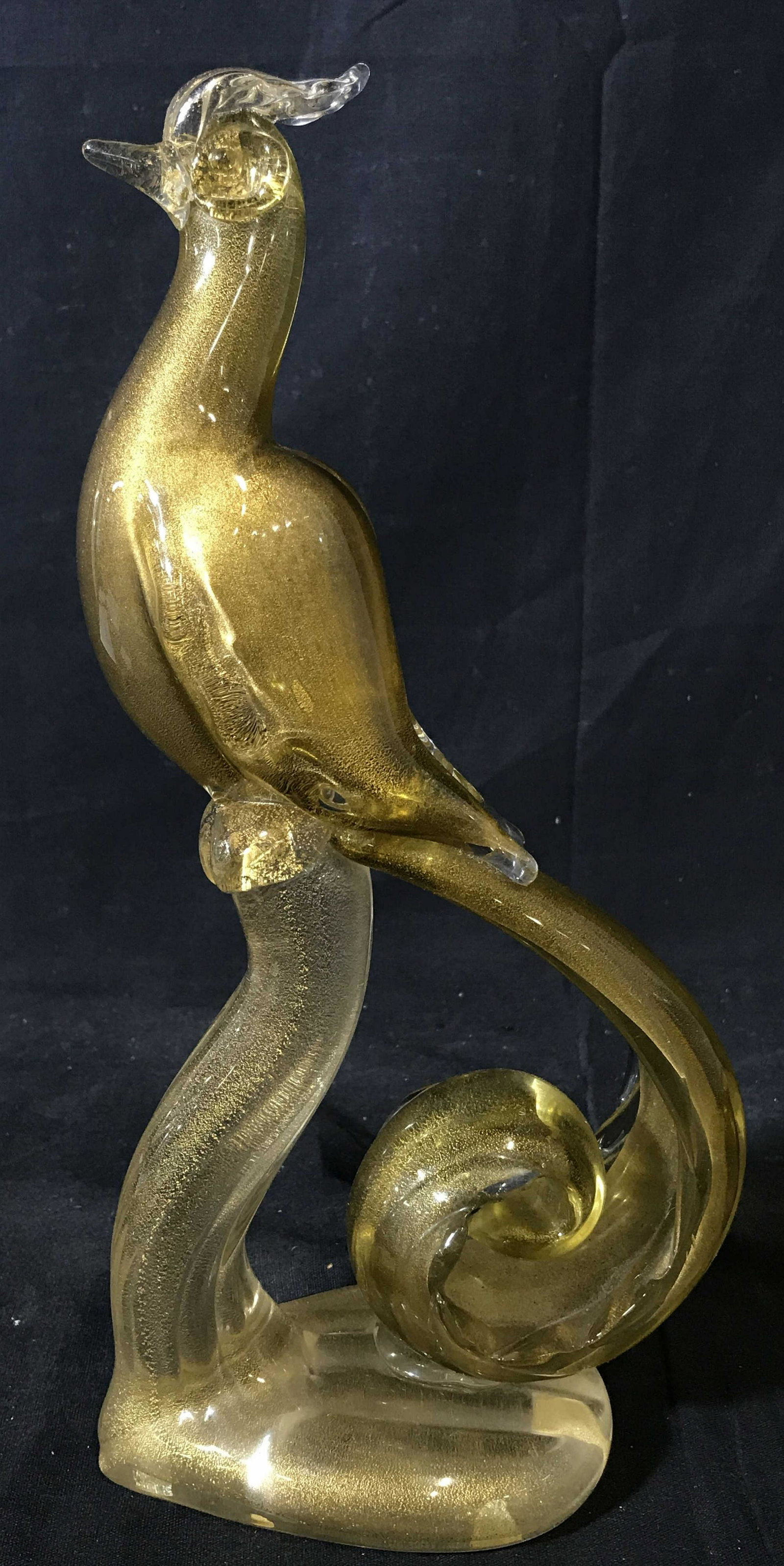 Murano Art Glass Peacock Bird Sculpture: Murano Art Glass Long Tailed sculpture, no apparent signature, opaque glass with possibly gold leaf, subject a bird perched on a pole with its tail curled in a swirl below him, possibly peacock, bird 