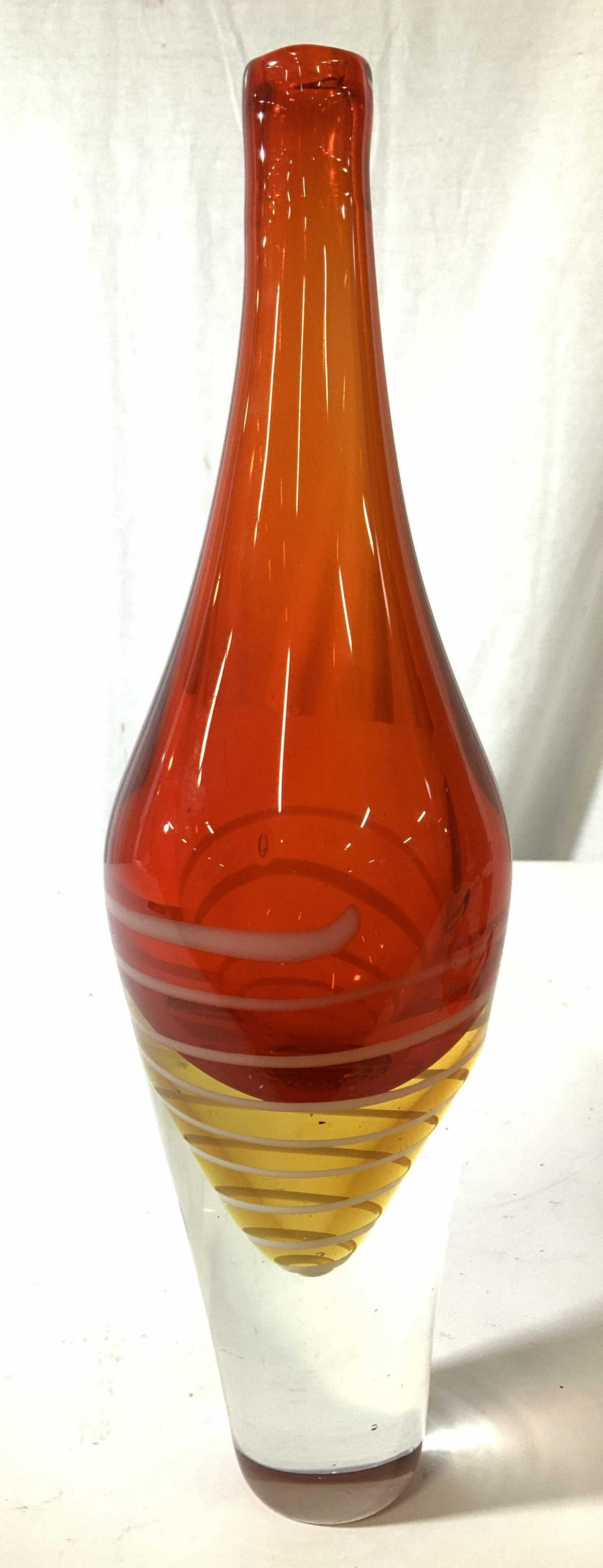 Murano Double Walled Art Glass Vase: Red yellow and striped hand crafted hand formed Murano Art Glass Vessel, Italian Art Glass collectible, vase, vessel, table ware, decorative arts, decorative accessory, measures ht 14 inches diameter 