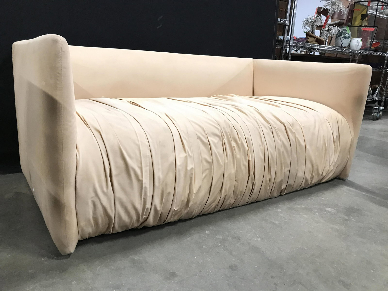 DUNBAR Mid Century Modern Loveseat: One of two for sale in auction. Underside of piece has tag which reads DUNBAR. Piece has a light peach tone. Sofa, couch, loveseat, mid century modern sofa, mid century modern, mid century modern couc