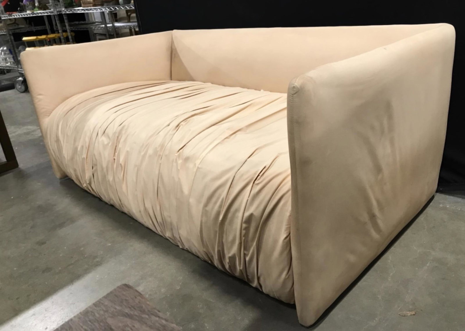 DUNBAR Mid Century Modern Loveseat: One of two for sale in auction. Underside of piece has tag which reads DUNBAR. Piece has a light peach tone. Sofa, couch, loveseat, mid century modern sofa, mid century modern, mid century modern couc