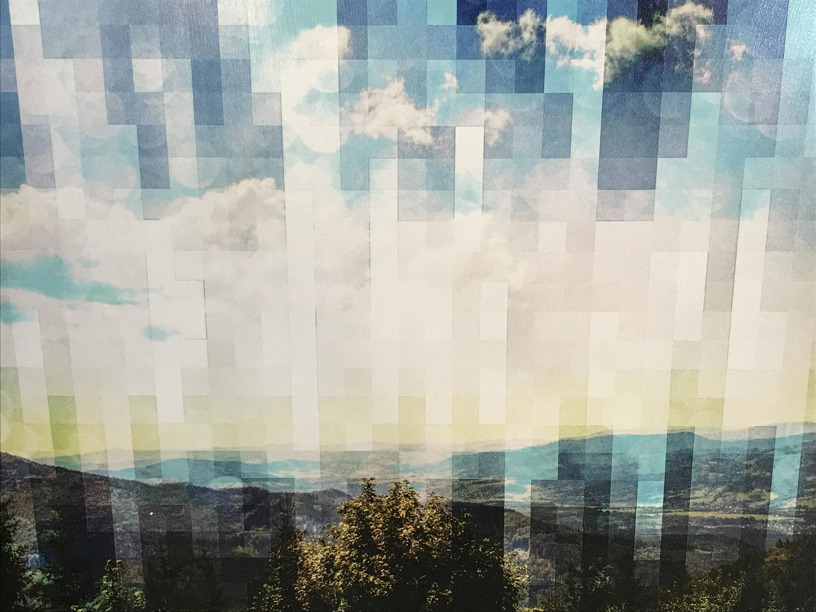 Oliver Gal Pop Art Wall Art: Oliver Gal pop art wall print, label to back gives description of Oliver Gal and his art, subject a grid block landscape on a digital canvas, not framed, measures a 36 inches tall by 48 inches wide, n