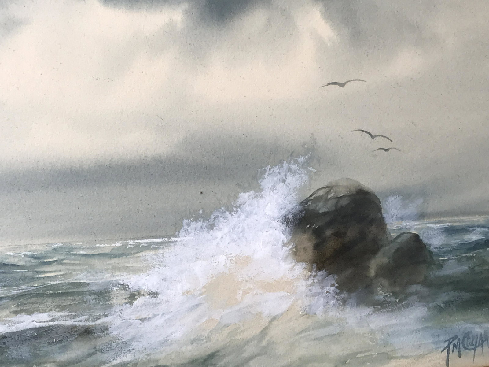 Pauline Meyer Colyar Signed Watercolor Seacoast: Pauline Meyer Colyar Signed watercolor on canvas paper, signature in the lower right corner reads P.M.Colyar, subject a seacoast with rocks and boats in the background, tan brown matting, gilt wood fr