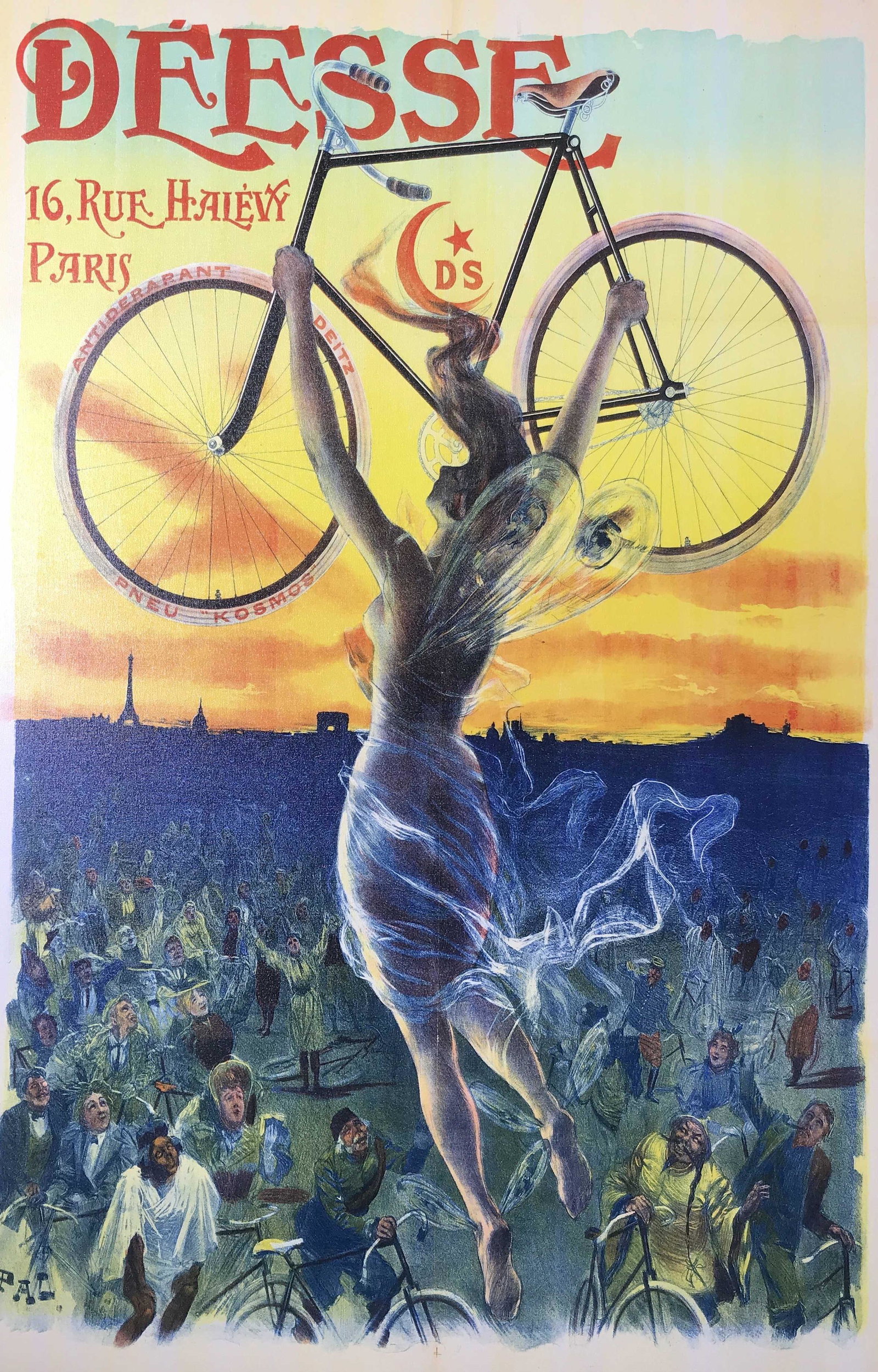Vintage French Advertisement on Canvas: Vintage French advertisement on canvas, text to upper section of poster reads ‘Deesse 16 Rue Halevy Paris, DC’, text to lower left corner reads ‘Imp Paul Dupont 4 Rue du Bouloi Paris’, tire of