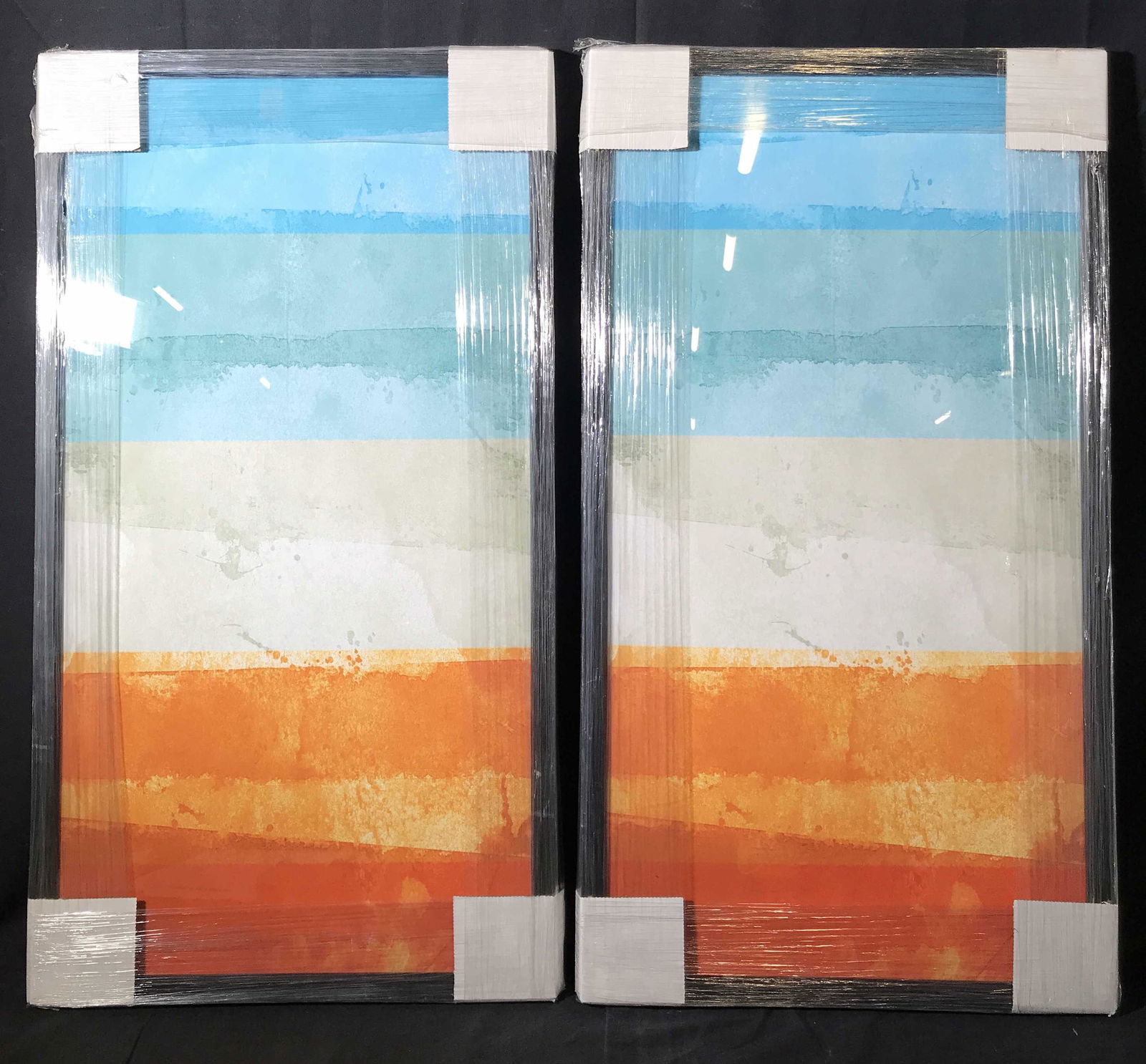 Pair Oliver Gal Pop Art Wall Prints New in Package: Pair Oliver Gal pop art wall prints new in package, label to back gives description of Oliver Gal and his art, subject three stripes of orange white and blue on a digital canvas, black wooden frame, b
