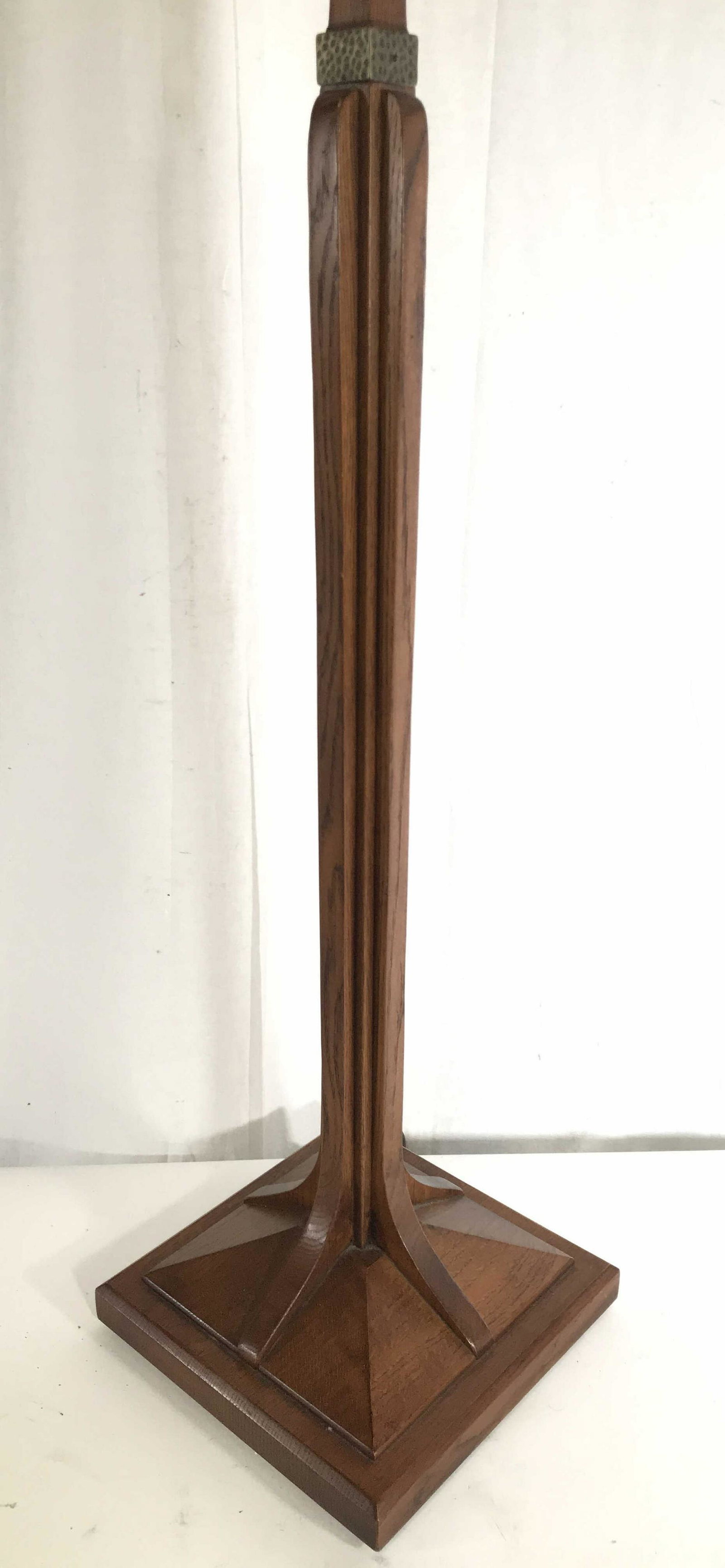 STICKLEY AUDI Arts & Crafts Style Floor Lamp: Underside of lamp is marked STICKLEY MADE IN USA. Lamp is wooden. Piece has square base. Lamp has metal finial. STICKLEY lamp, floor lamp, STICKLEY floor lamp, wooden lamp, wooden floor lamp. Home lig
