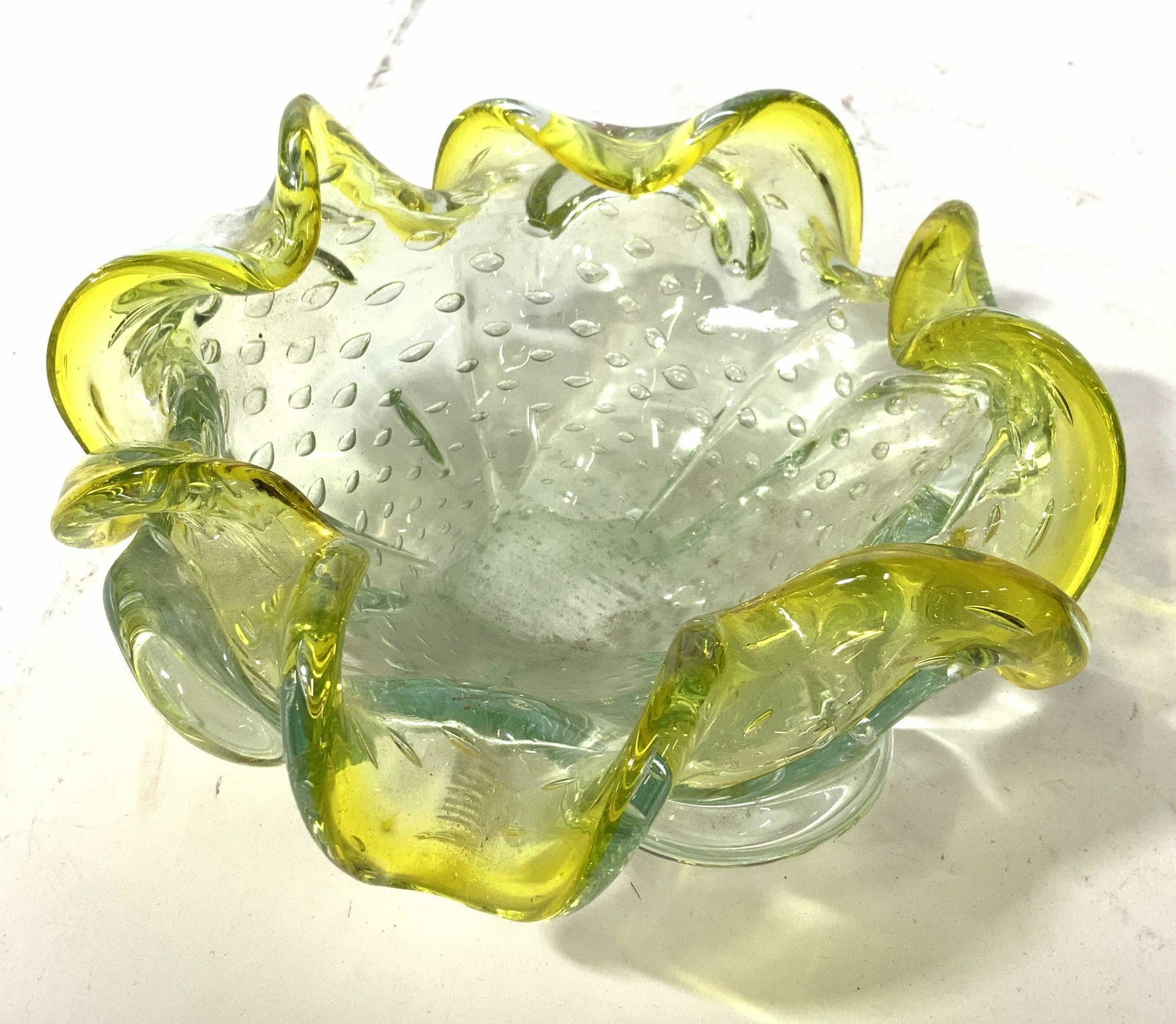 Lime Green Chartreuse and Clear Art Glass: Murano Art glass bowl, hand crafted bowl with bubbles inside glass, rippled ribbon like edges lime green with chartreuse ribbon, encircling clear glass, Italian art glass, Murano glass, tableware, dec