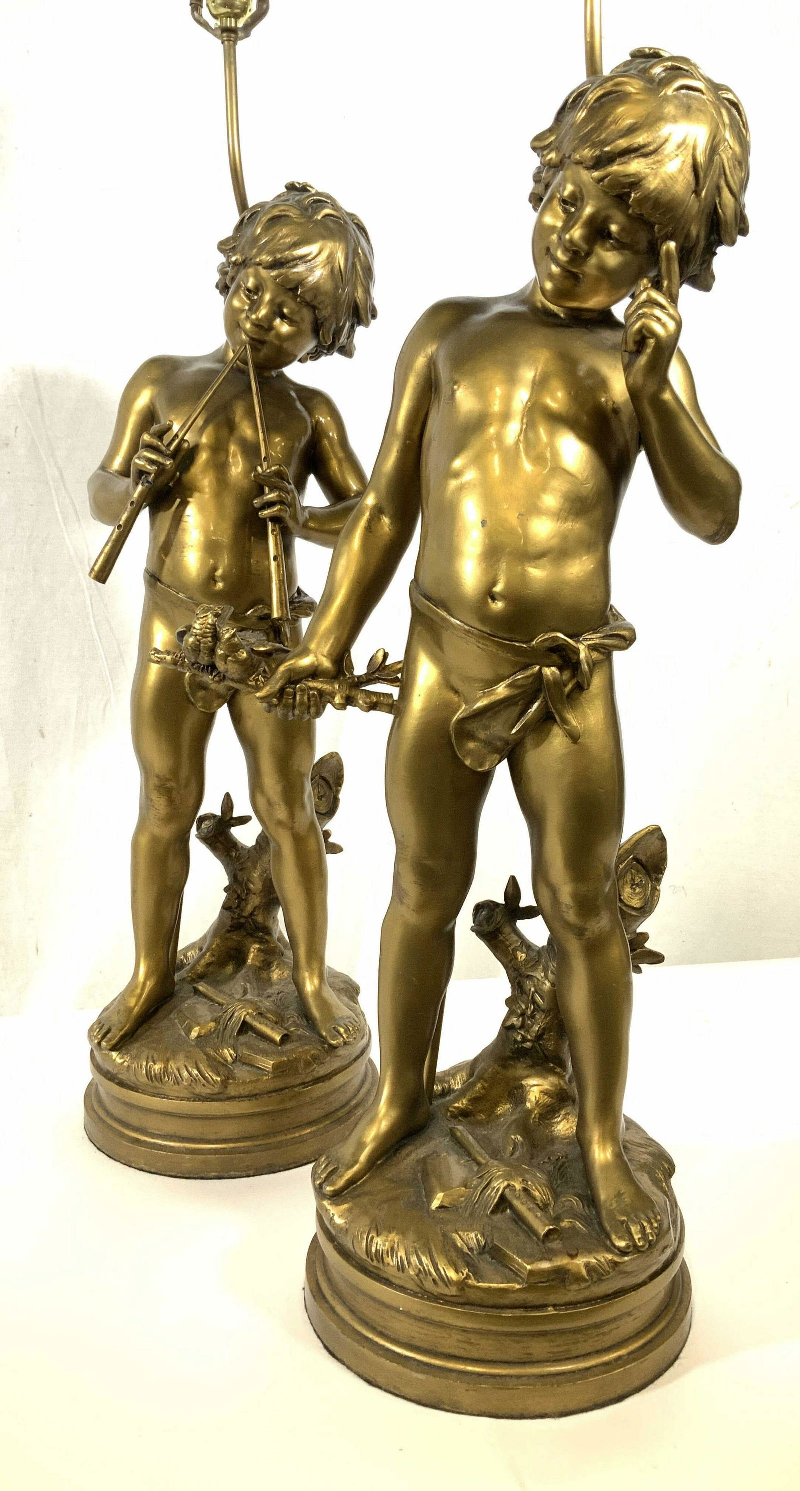 Signed AUG MOREAU Tall Gilded Cherub Figurals,: France Signed at Base Aug Moreau, possibly after French sculptor Auguste Moreau, pair of gilded metal cherub sculpturals made into lamps. Antique elements of neoclassical and rococo style, realistic.