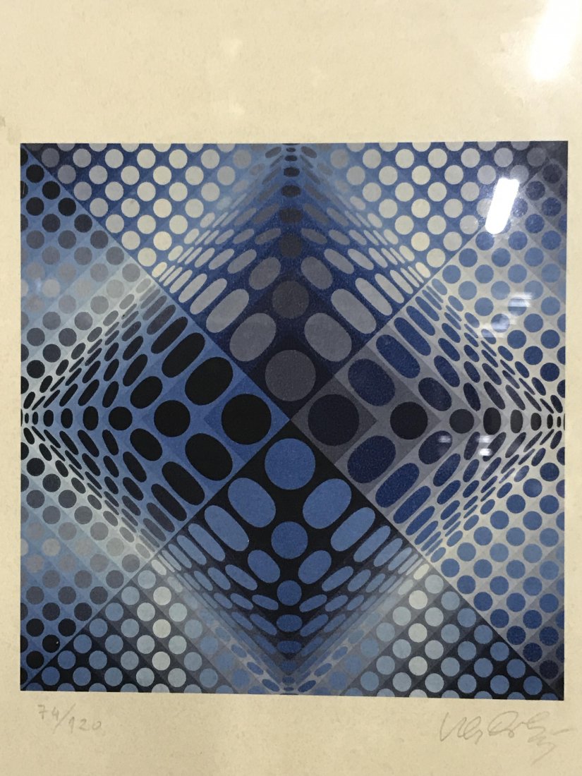 Signed Limited Edition Lithograph Victor Vasarely: Signed limited edition lithograph, signed lower right corner in pencil Vasarely, Edition in pencil in the lower left corner 74/120, subject spheres and squares in various shades of blue grey and black
