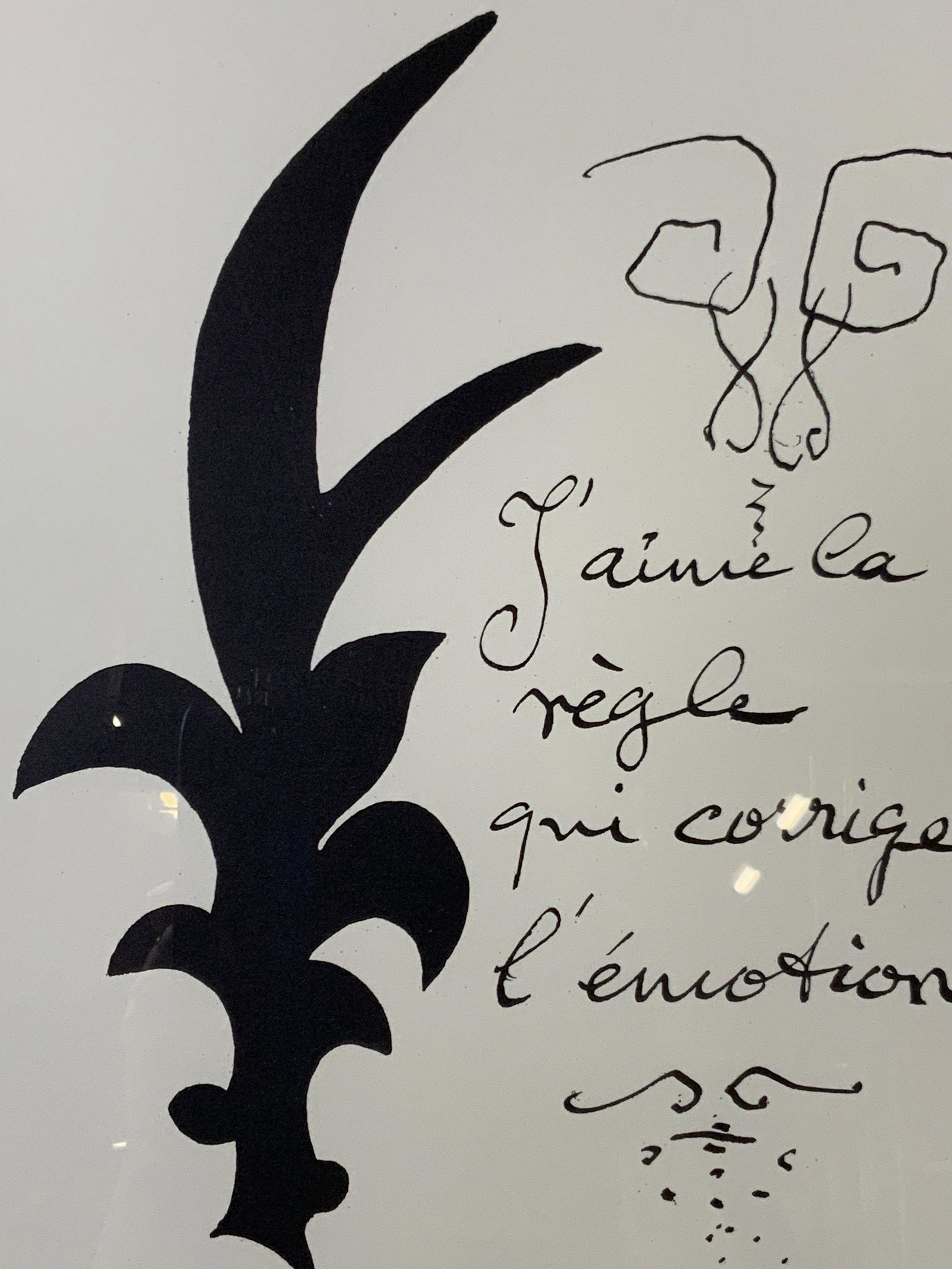 George Braque Lithograph Print: George Braque Lithograph Print Reproduction, text in image reads in French: I Like the Rule That Corrects Emotion, reprinted on cream and double matted in white, signature at the bottom right reads Ge