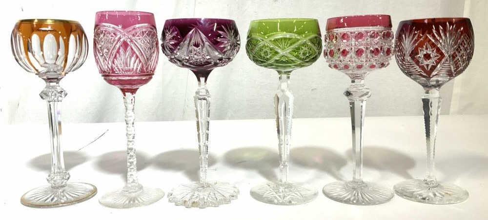 Group Bohemian Crystal Stemware, cut Colored Art: Art Glass , cut crystal stemware, pinks, greens, violets, orange cranberry, each has weight, tallest approx 8 inches, tableware, decorative accessories. Some chips and minor surface wear