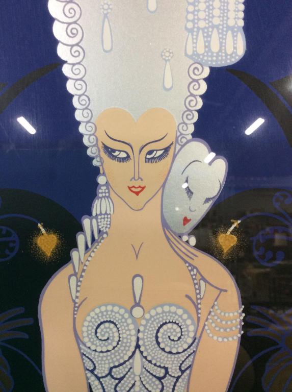 Limited Edition Signed Seriograph ERTÉ: HER SECRET ADMIRERS, Signed Erte ( lower right) in pencil. Professionally Framed. double acid free matting, top layer white, under layer black. Limited Edition Serigraph no. 114/ 300 (hand written in