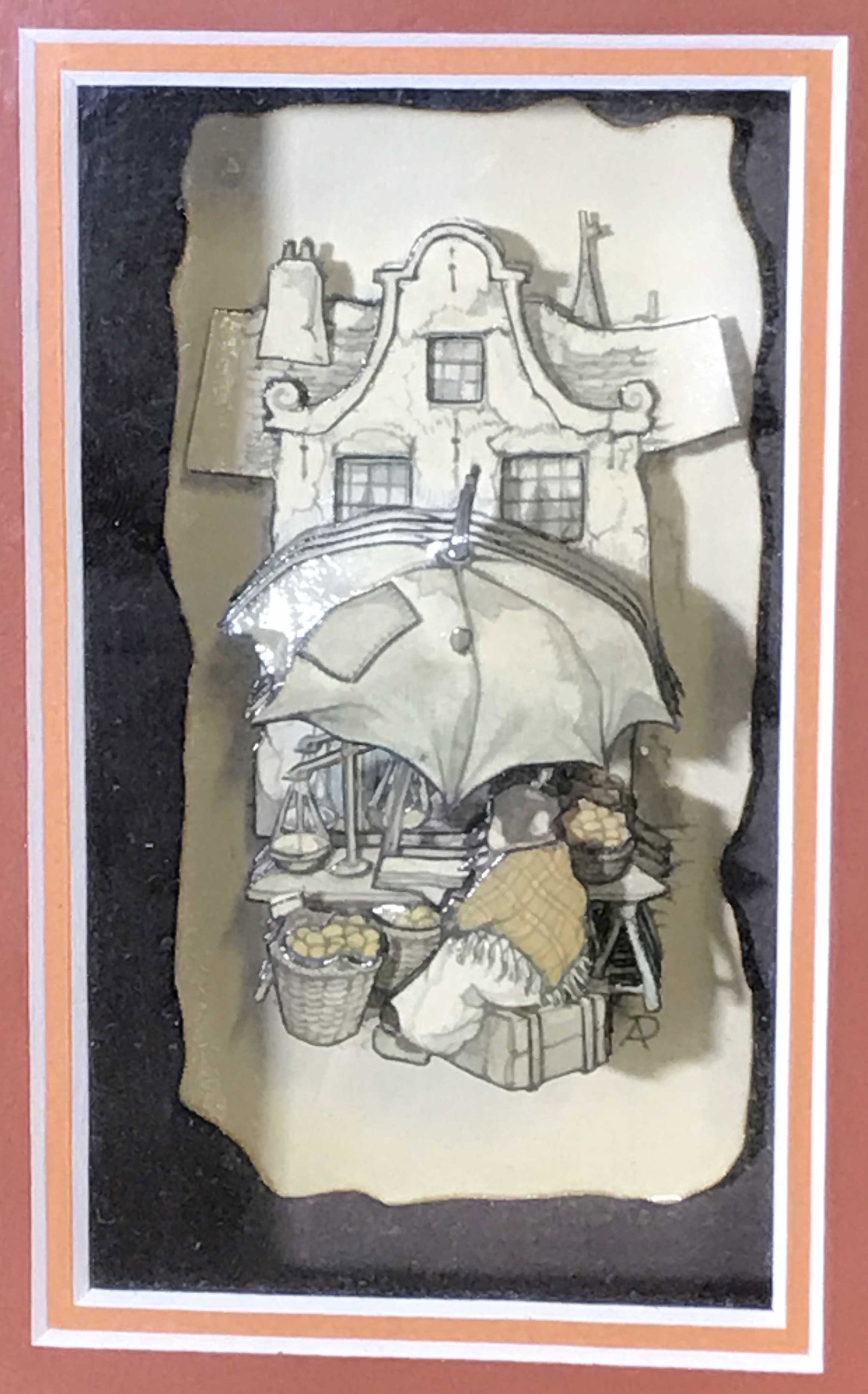 Shadow Box 3D Art, Market: Shadow Bow 3d Art, no apparent signature, subject depicts a market scene with a woman in her shawl seated at what appears to be a fruit stand, shadow box frame made of a chestnut wood with gilt wood i