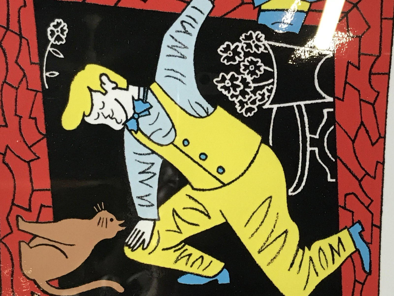 Classic Animation Style Art Work Print: Classic animation style art work print, no apparent signature, subject shows a man in a yellow vest and dress pants climbing throw an abstract window, scene shows multiple items on different sides, br
