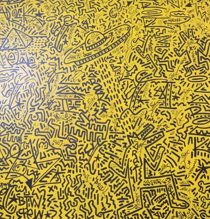 Oil on Canvas in the style of Keith Haring: Haring Large scale Painting in the style of Keith Haring Please Note: All lots that do not carry established documented provenance nor any past record of auction history record are described in the ca