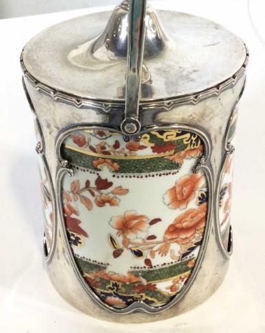 W.H.S Sterling Basket SPODE Satsumi Porcelain,: Eng. Victorian Sterling Silver basket with English Spode Copeland Satsuma Vessel insert. Possibly used as a biscuit jar, tea container , or other food commodity from the early Century. ice bucket, tab