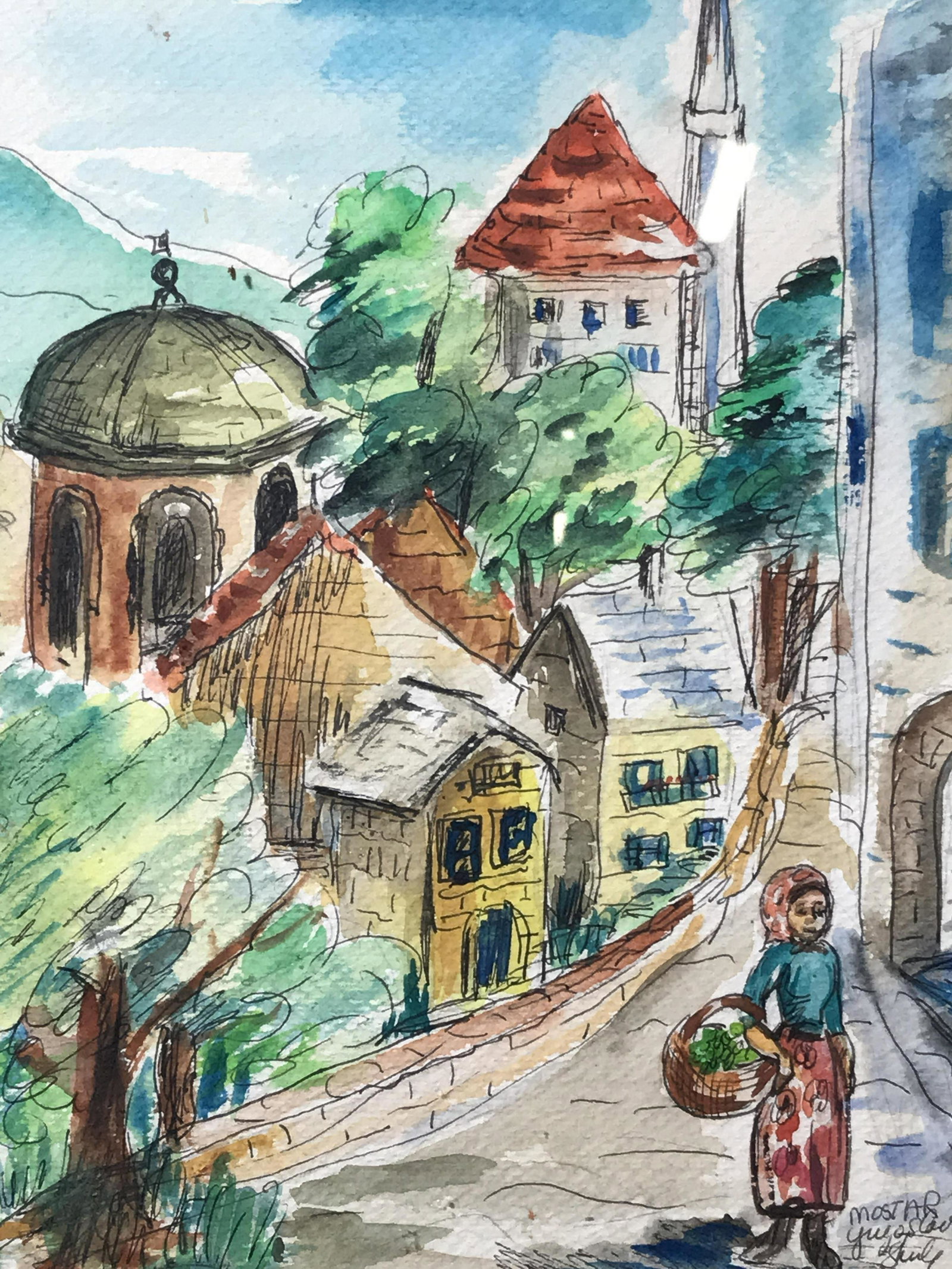 Signed Pen & Watercolor Painting of Mostar Bosnia: Signed pen and watercolor painting, text and signature in the lower right corner text reads ‘Mostar’, signature illegibly written, Subject a town scene of the city Mostar with a women in tradition