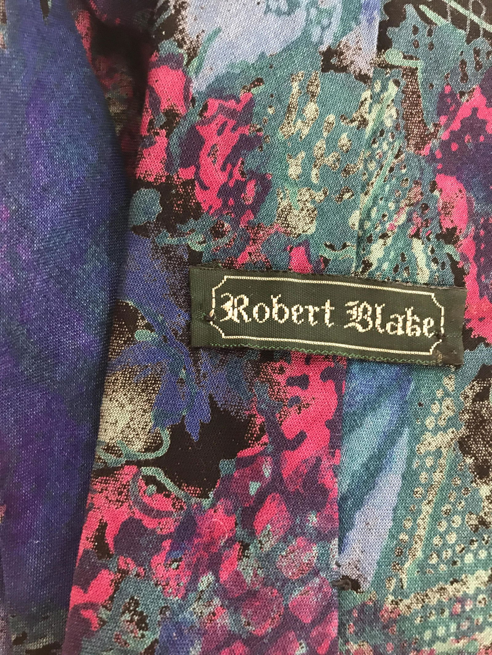 Vintage Robert Blake Tie: vintage tie, label reads, Robert Blake tie turquoise, teal and purple color way, gestural, and textural pattern to tie, some repair needed, Men’s fashion, wearables, menswear, vintage, decorative fa
