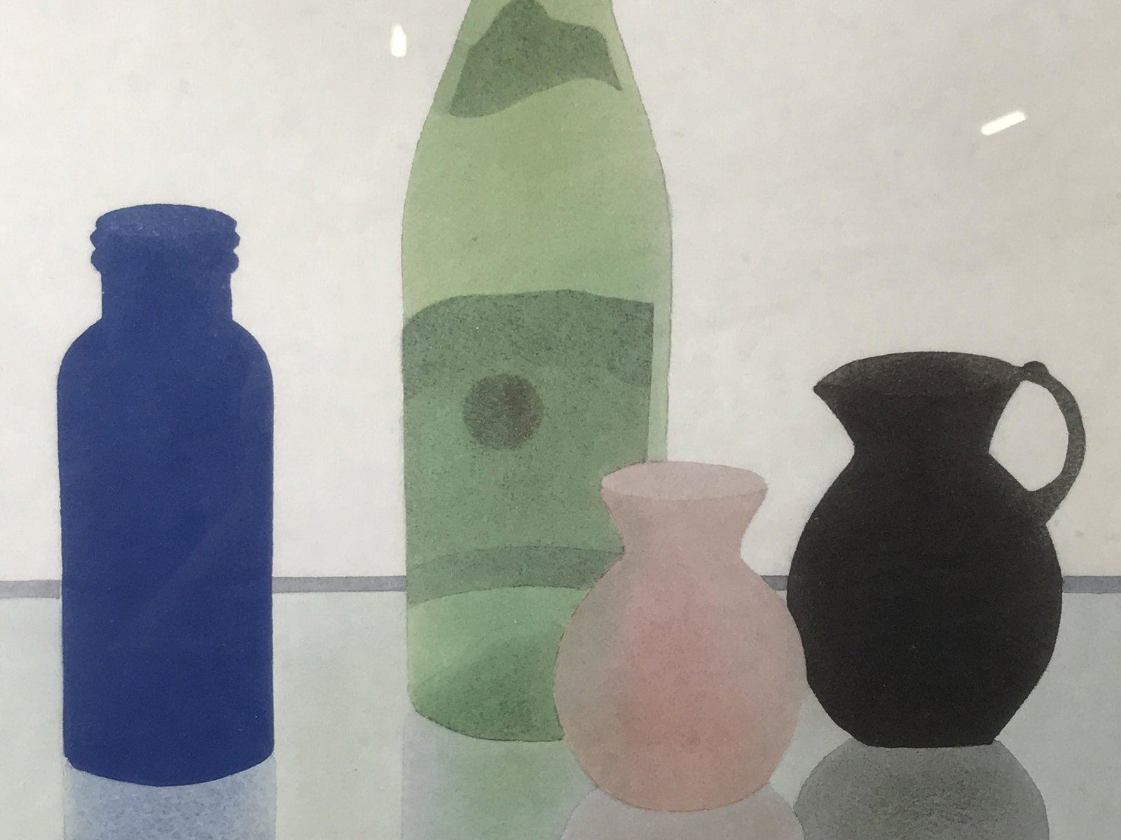 Minimalist Still Life Lithograph: Minimalist still life lithograph, no apparent signature, subject two shelves of glasses and vases with a single pear and flower stalk, double matted in dark and light blue, gilt wood frame, measures 2
