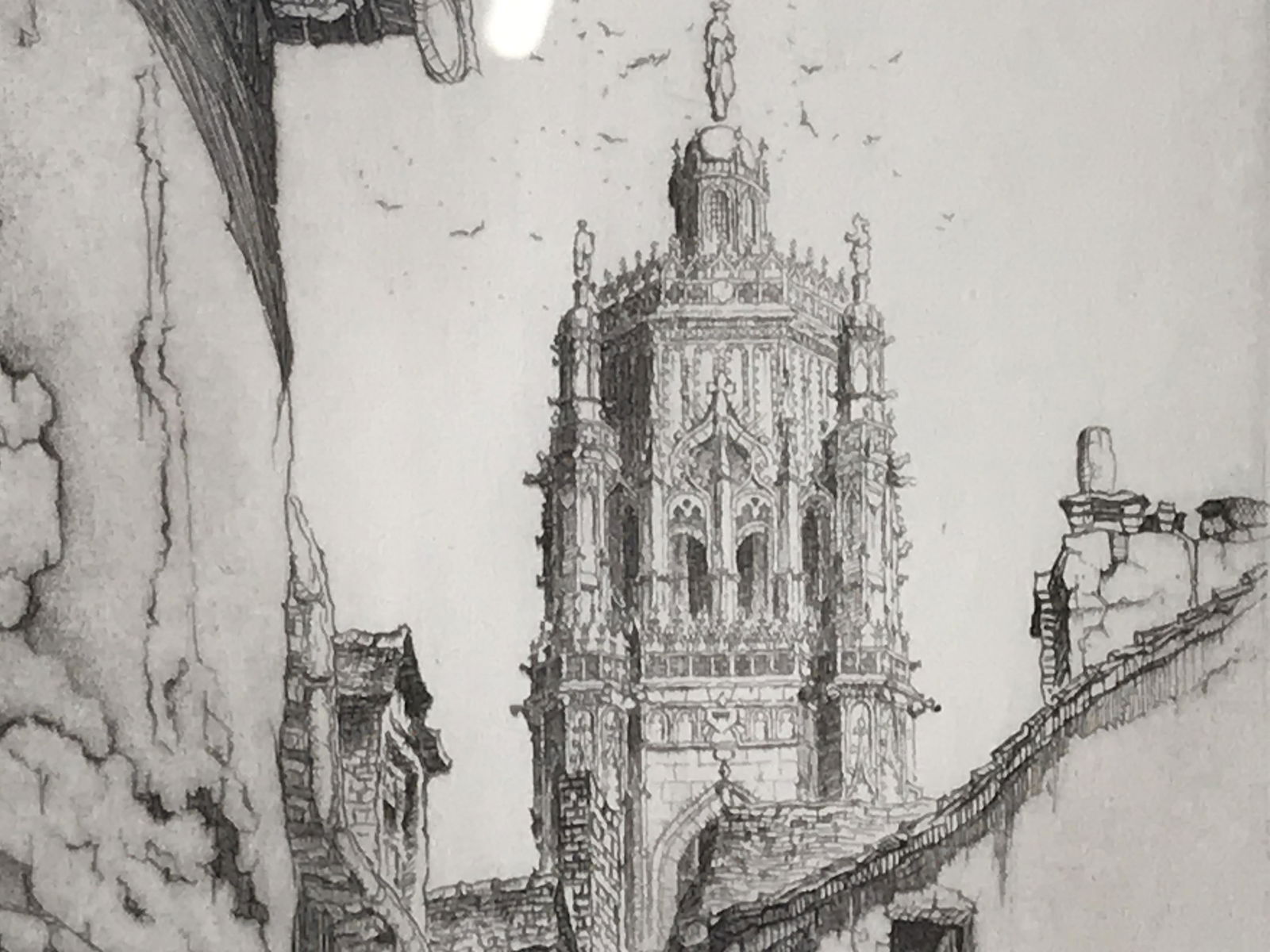 John Taylor Arms Signed Etching Norte Dame: Signed etching of Notre Dame cathedral, signature in the lower right corner reads John Taylor Arms, subject the tower of Notre Dame from a street view, double matted in gold and white, gilt wood frame