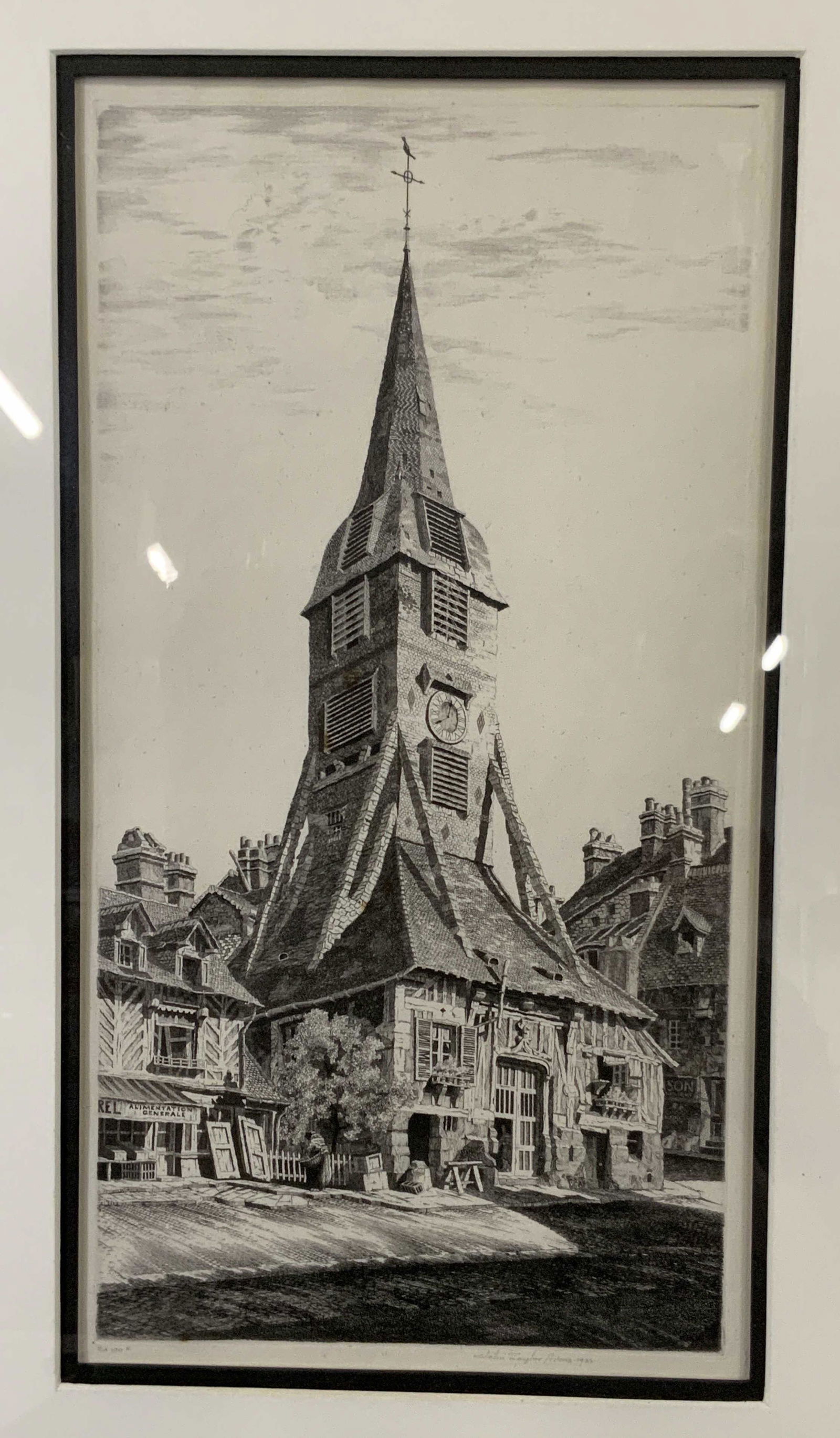 Signed John Taylor Arms Antique Lithograph: lithograph of church steeple, signed John Taylor Arms circa 1932, fine detailing especially in the steeple and houses that surround it, double matted in white and black, metal frame measures 21.5 inch