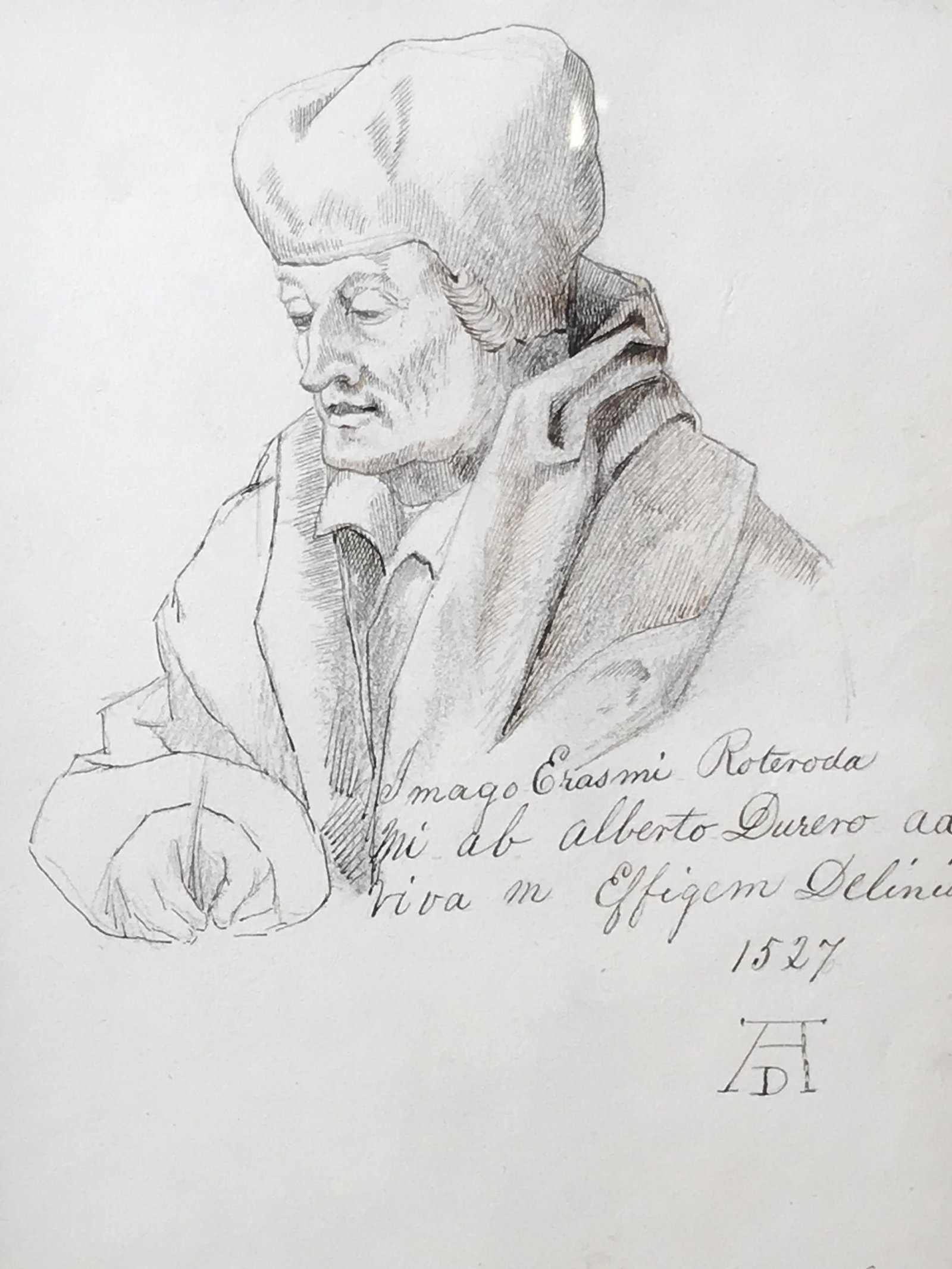 Florence June Signed Copy of Durer Portrait: Signed pencil and pen drawing on paper, signature and date in the lower right corner reads ‘Florence June 1873’, text in Italian with date that reads 1527, label to reverse reads ‘Cody of Durer 