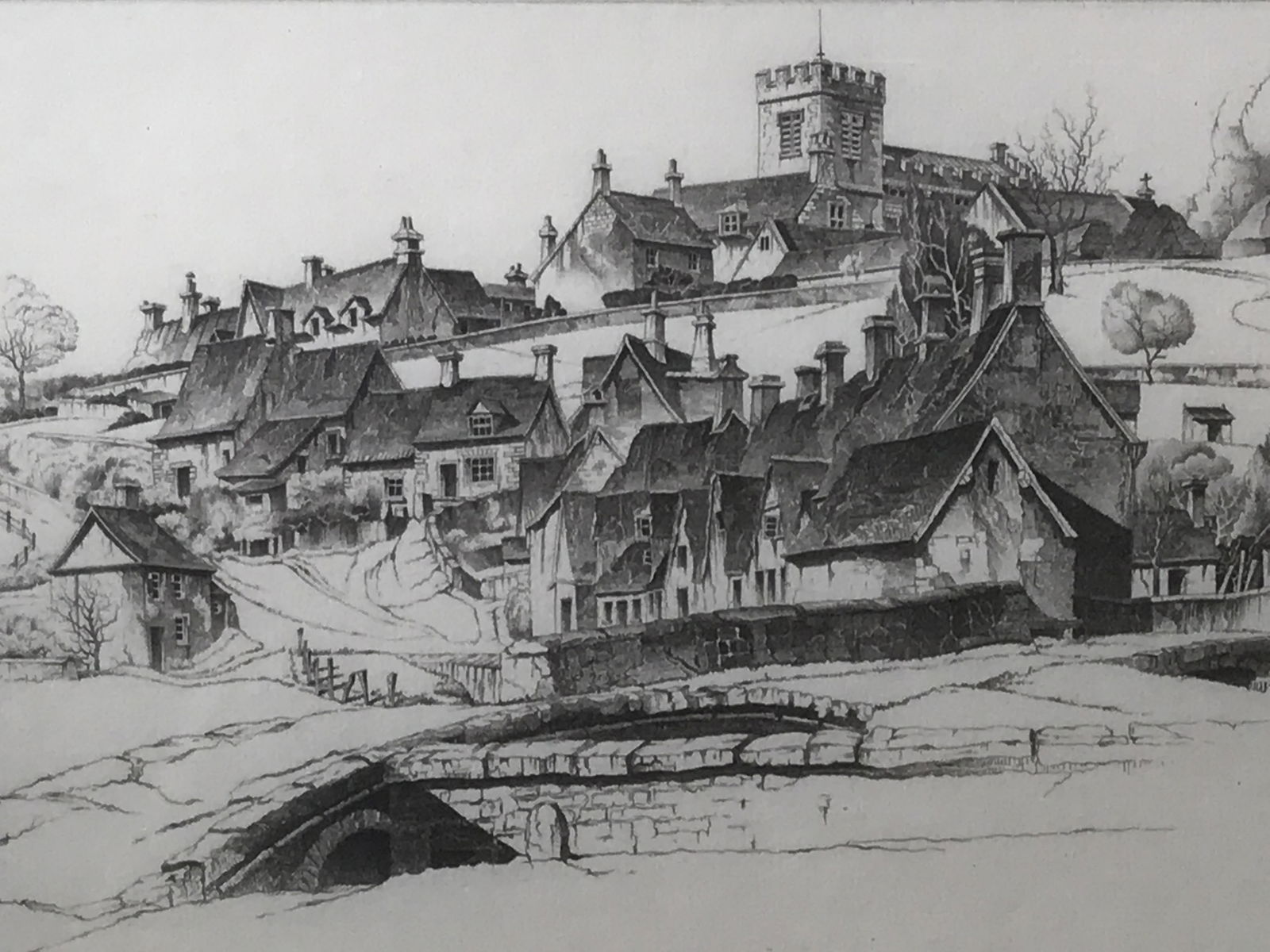 John Taylor Arms Signed Etching The Old Order: Signed etching, signature And date in the lower right corner reads John Taylor Arms 1948, edition in the lower left corner reads ‘II’, subject what appears to be a town, double matted in grey and