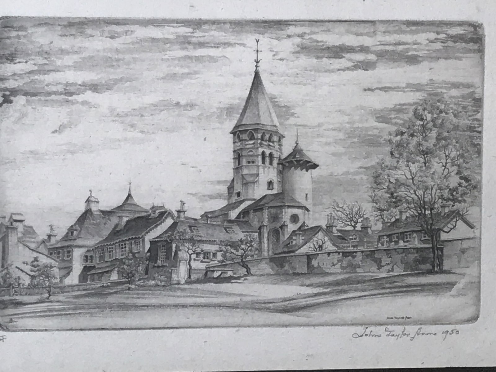 John Taylor Arms Signed Etching: Signed etching, signature And date in the lower right corner reads John Taylor Arms 1950, edition in the lower left corner reads ‘II’, subject the Seignac Church and its town in France, double mat