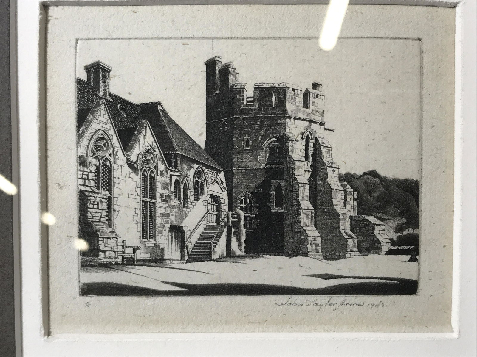 John Taylor Arms Signed Etching Stokesay Castle: Signed etching, signature And date in the lower right corner reads John Taylor Arms 1942, edition in the lower left corner reads ‘II’, subject the Stokesay Castle, double matted in white and grey,
