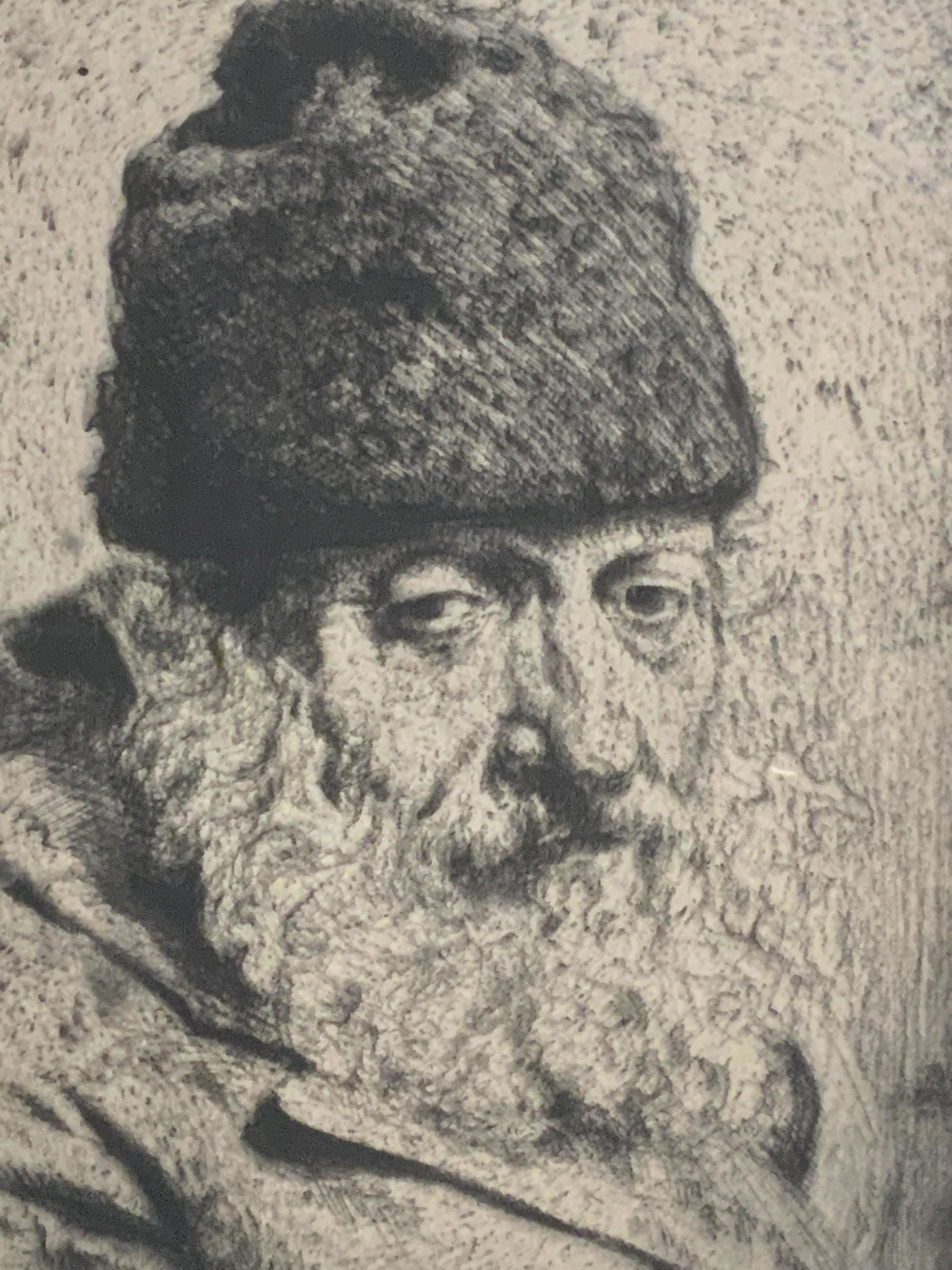 Signed Lithograph Print of Elder Man Portrait: Lithograph print of old man, signed illegibly, lots of detail, mono-print style fill and background, potentially mixed media, matted in off white, intricate drapery and detail in the beard, jacket and