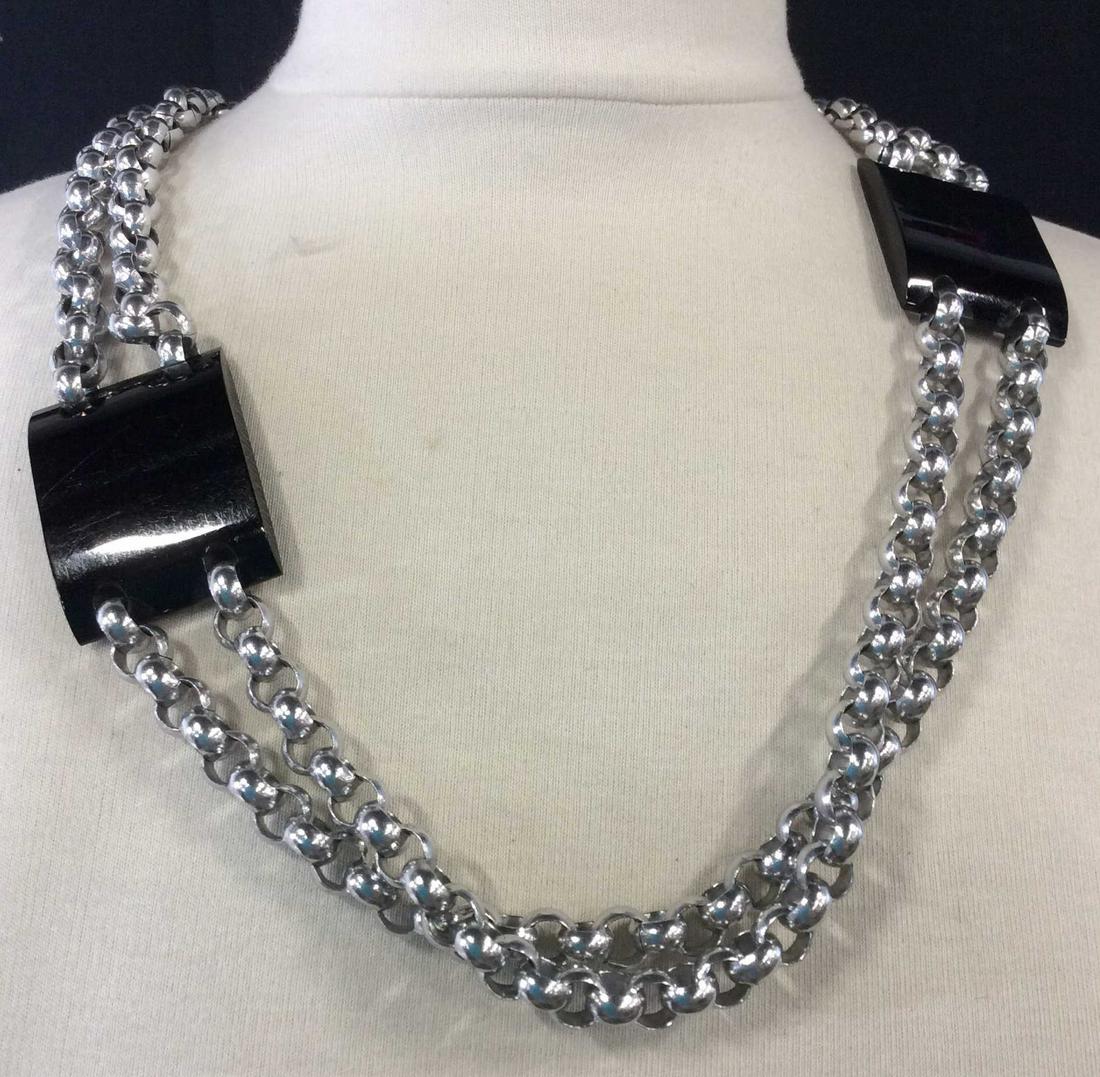 Silver Tone Chain Accessory/ Necklace: 30 in long, Nautical Chain Link with rectangle resin Accents. Each end has a hook, appears to be missing a part in order to wear. Up cycle, decorate, use as an accessory like a belt or necklace. Will 