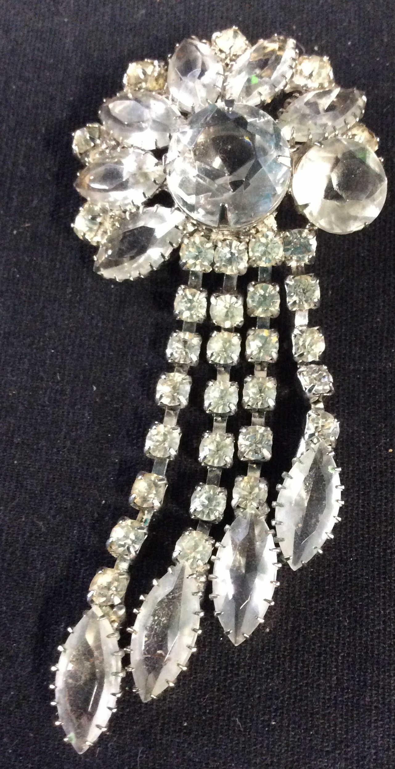Vintage EDWARDIAN Style Rhinestone Brooch: A statement brooch, vintage, round and marquis shaped stones, prong setting, silver tone metal, 3.5 in long, 1 3/4 in wide. Cocktail Brooch, Rhinestone Brooch, Edwardian Style, Ladies Fashion Accessor