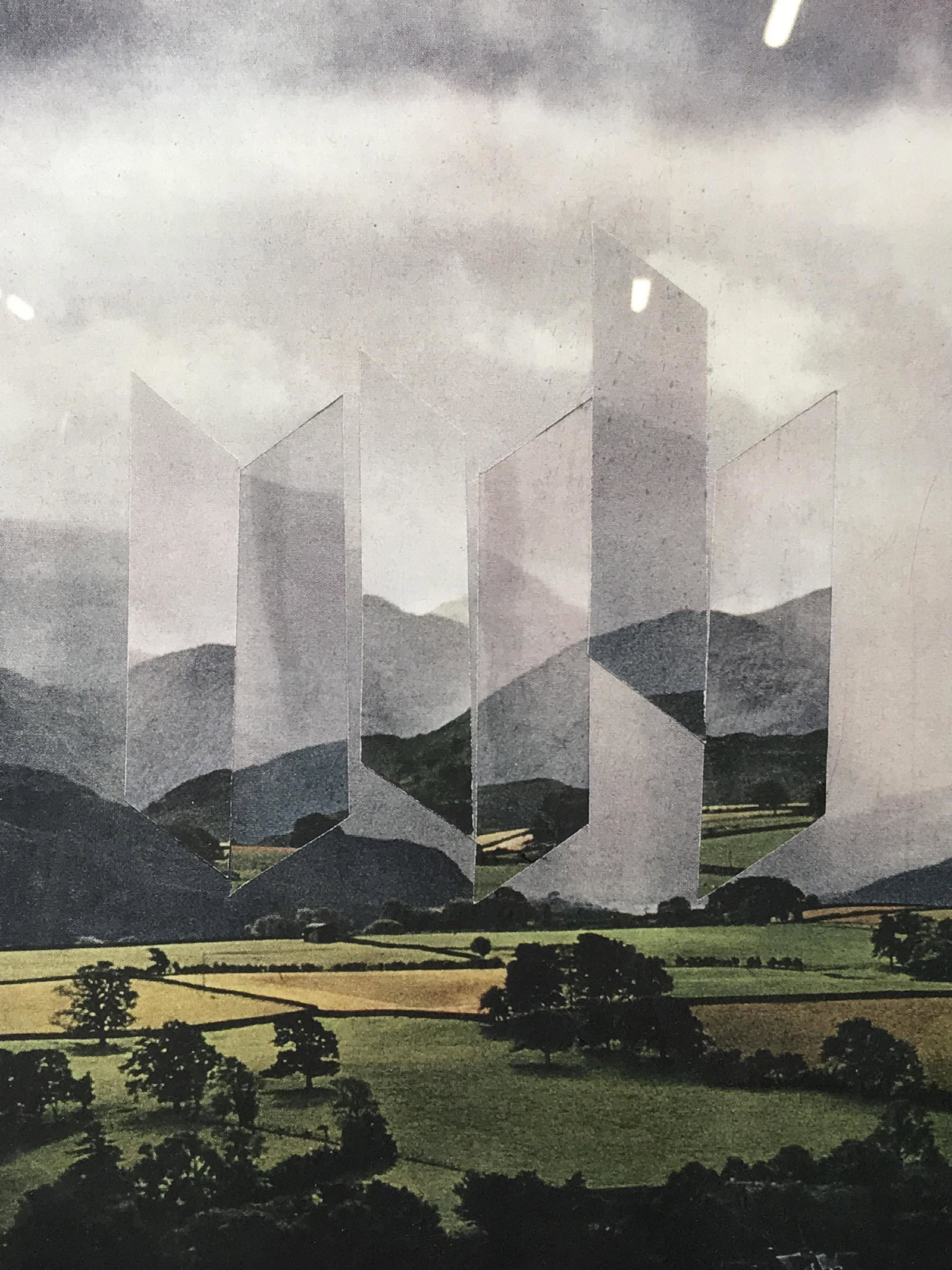 Abstract Art Photograph Collage: Abstract art print, no apparent signature, subject a farming field with rolling mountains in the background and six sections of the picture spliced and placed in new sections, white matting, black pai