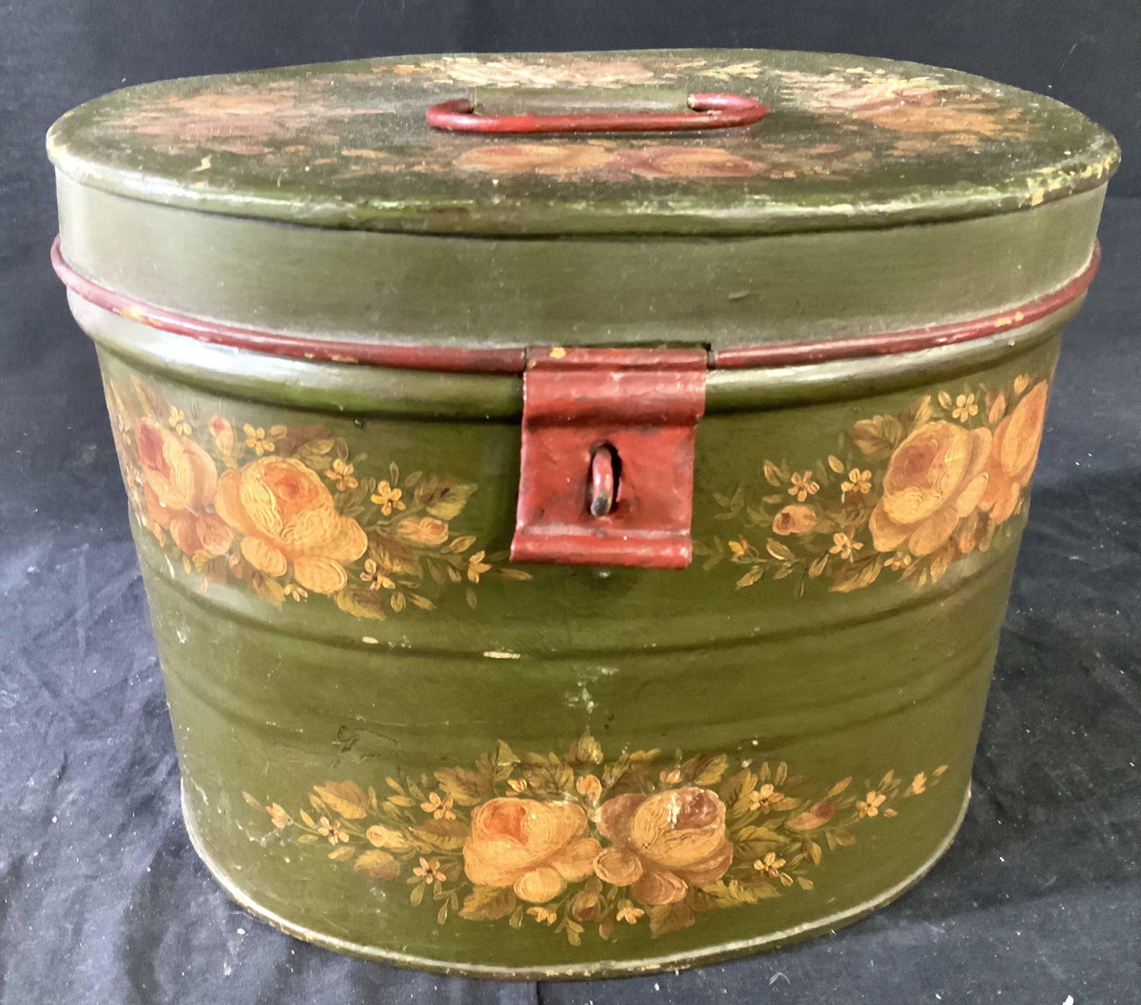 Antique Toleware LiddedBucket: Hinges lidded Metal bucket, hand painted floral bursts on green painted back ground, interior painted red, storage bin, bucket, country decorative accessory, arts and crafts, up cycle as planter, tabl