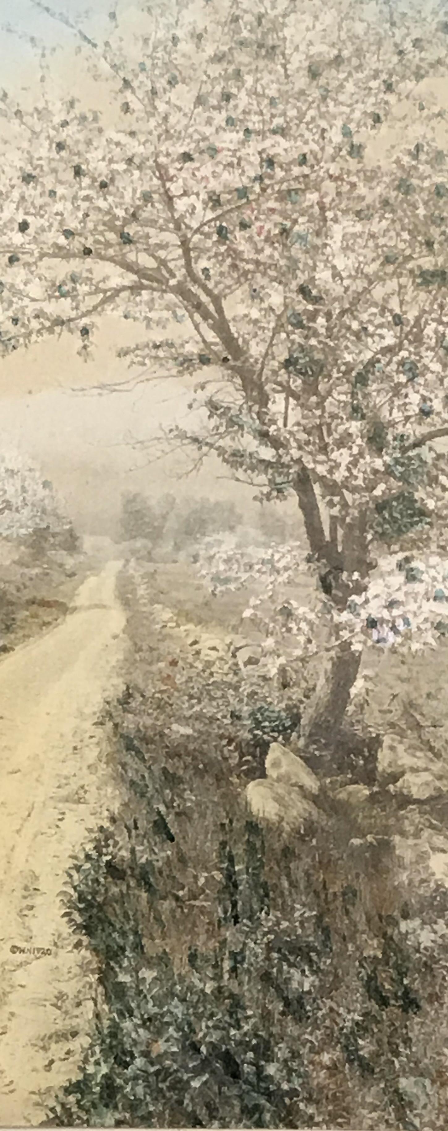 Signed Print Wallace Nutting: Signed print, signature on the lower right corner reads ‘Wallace Nutting’, print depicts a dirt road with trees blooming pinkish white flowers, double matted on blue and brown, protective glass, d