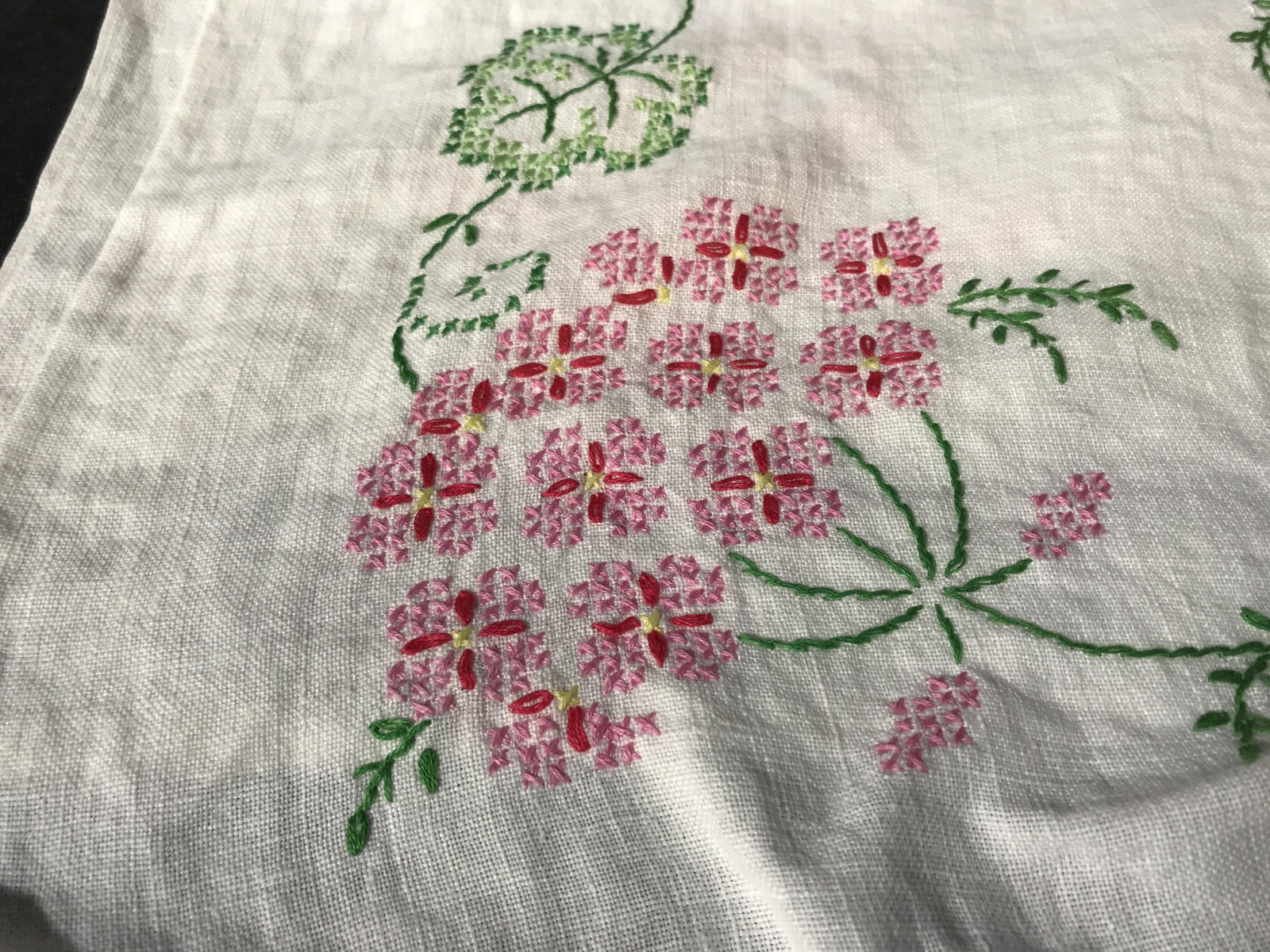 Vintage Hand Embroidered Table Linen: vintage hand embroidered table linen, stains to cloth, embroidered flowers to linen, Vintage table cloth, vintage table linens, collectible, collectibles, evident discoloration 7
