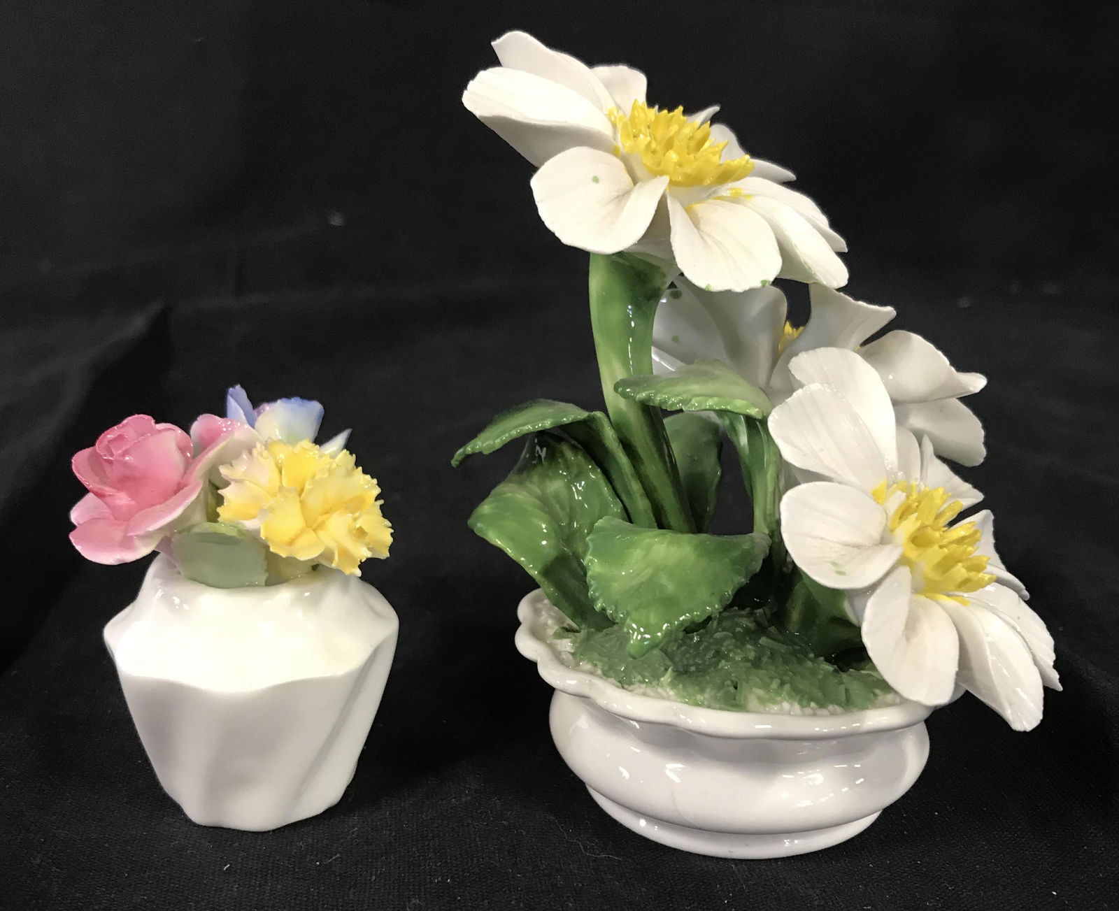 Pr. Fine Bone China Table Decor Florals, England: Vintage porcelain Tabletop Florals, Adderley Royal & Radnor Hand painted bone China. Larger measures 4.5 x 3.5 in. Both Hallmarked. Fine Bone China Decorative Arts, Hand Painted Tabletop Porcelain Acc