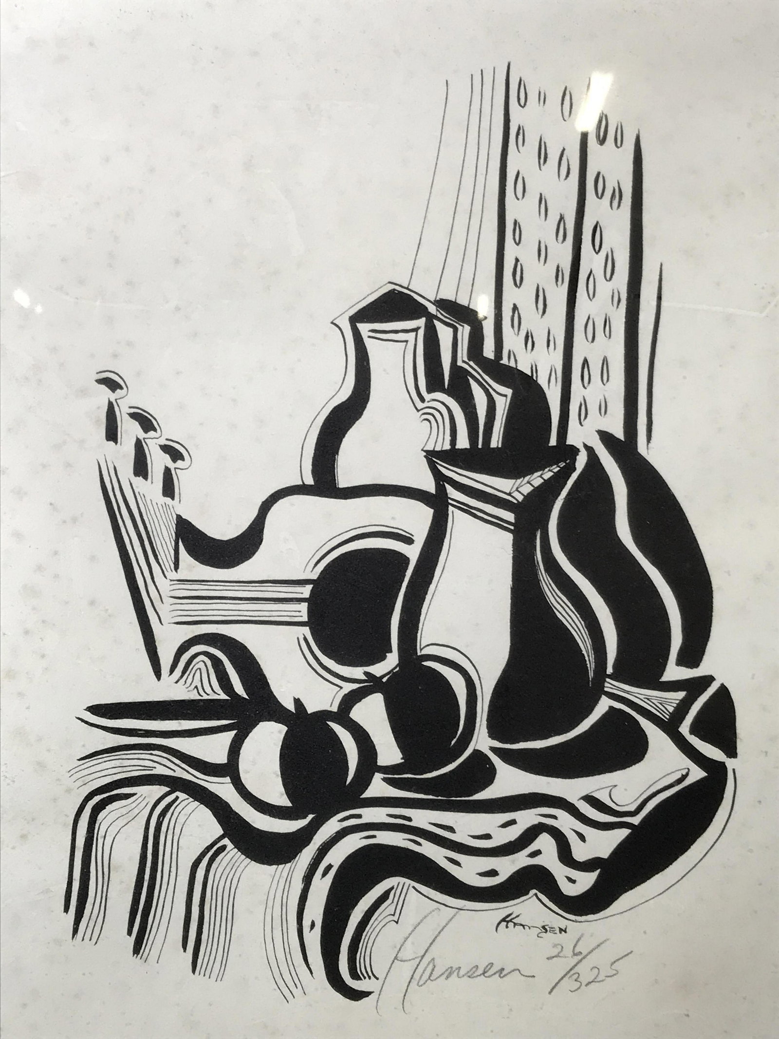 Hansen Signed Ltd Ed Wood Block Print: Hansen signed limited edition woodblock print, signature in pencil and printed in the lower right corner reads ‘Hanse’, edition in the lower right corner reads 26/325, subject an abstract Still li