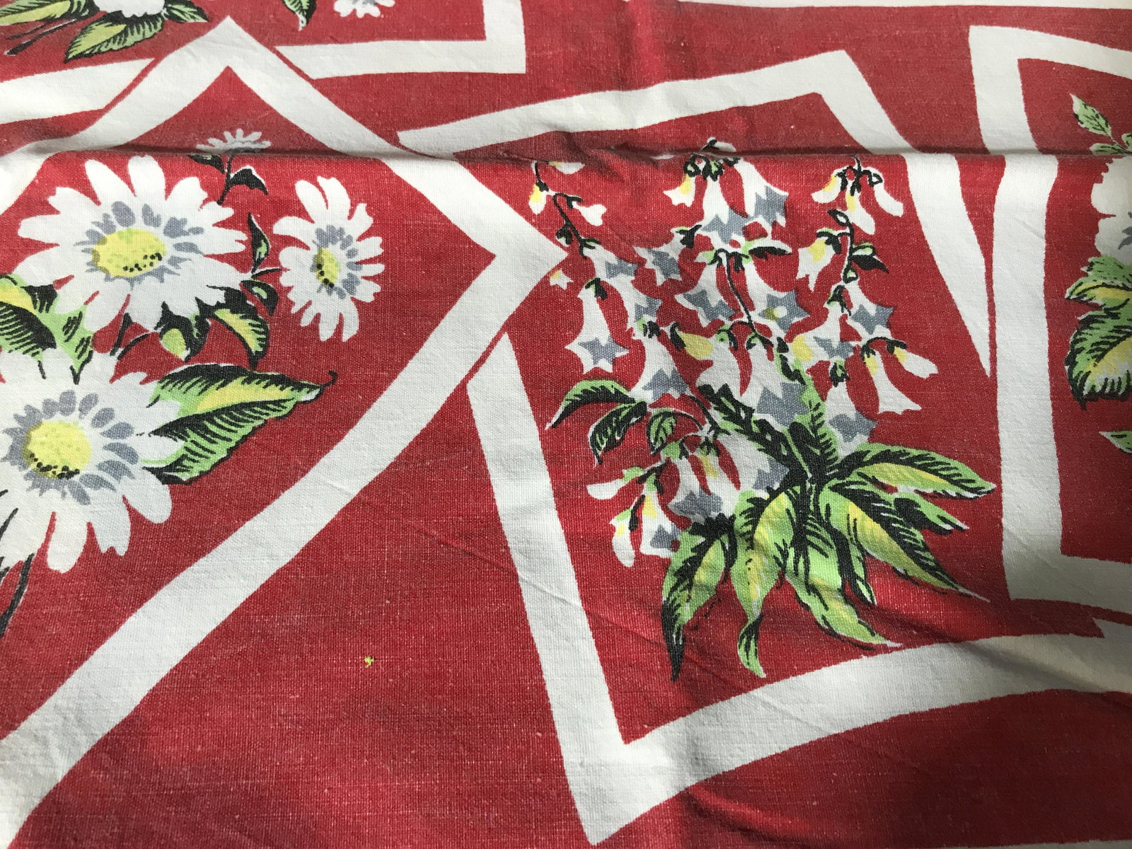 Vintage Floral Table Linen: vintage floral table linen, stains to cloth, white cloth with A red border and white flowers within it, Vintage table cloth, vintage table linens, collectible, collectibles, table clothe. 7
