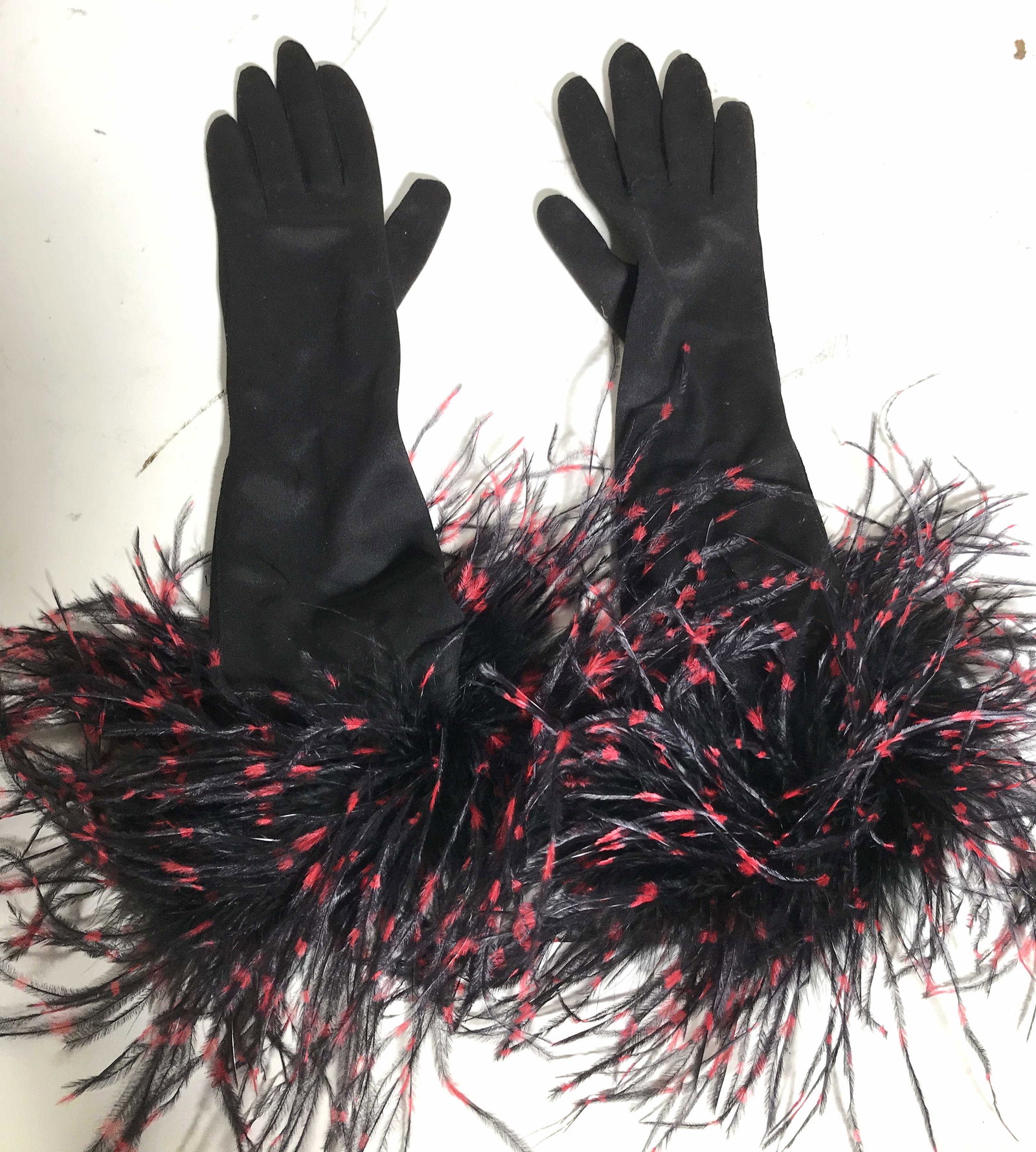 Cotton Feathered Black Evening Gloves: Cotton feathered black evening gloves, made of black cotton, made for petite hands, black and pink feathers line the ends, measures 15.5 inches long, in good condition, Cotton gloves, long gloves, Eve