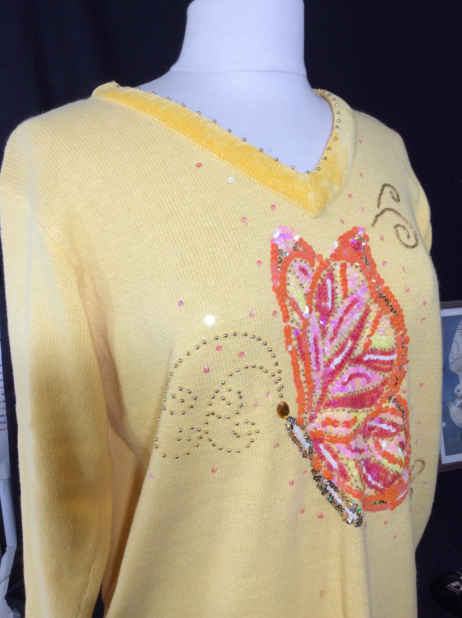 QUACKER FACTORY SEQUIN Butterfly Sweater: Long sweater, 26 in. Size Med., Pink and orange sequins outlining butterfly. Velour V Neck and hems. Label reads 55% ramie, 45% cotton. One mild spot. Yellow Sweater, Butterfly Design Clothing, The QU