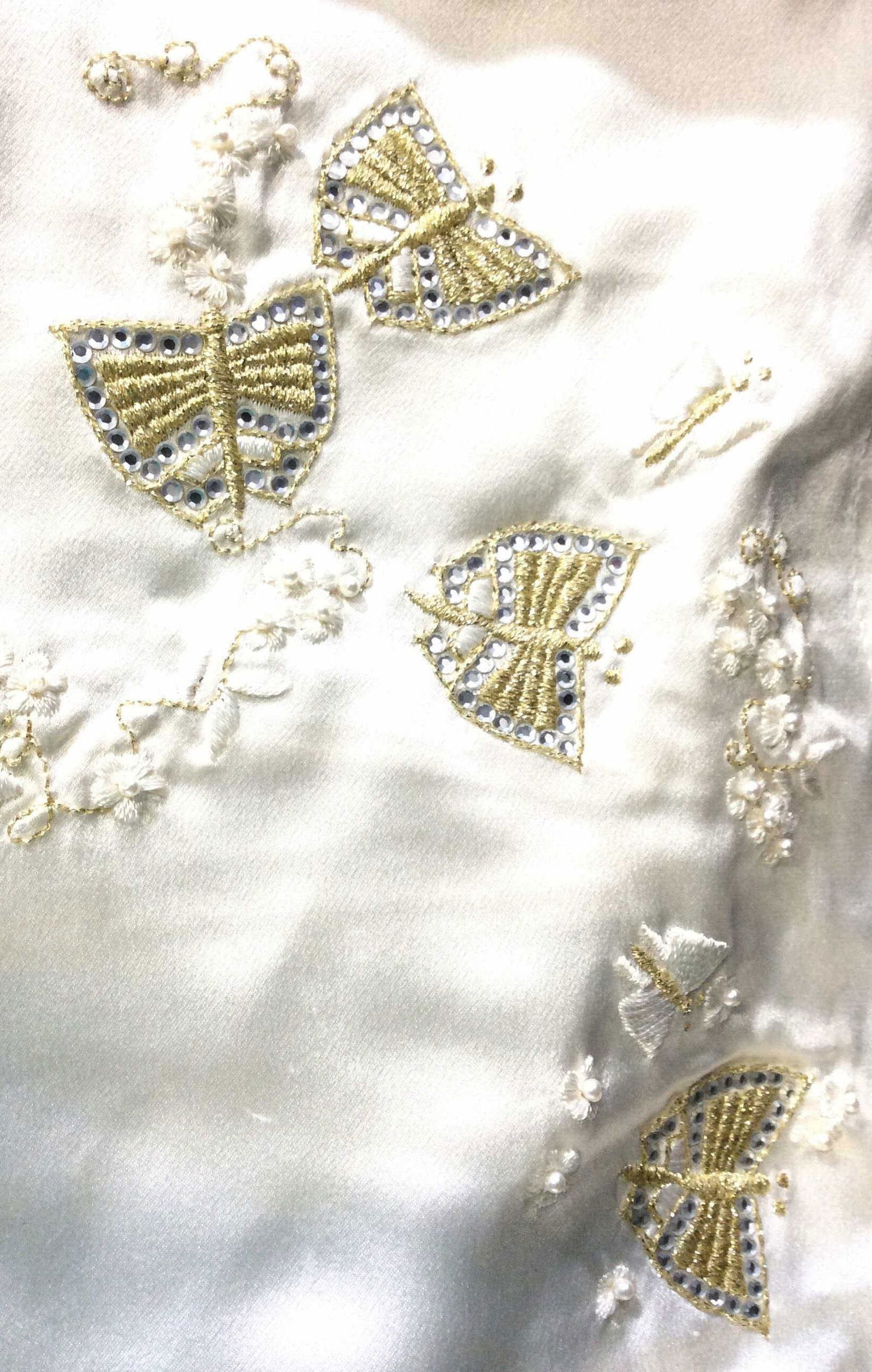 Silk Embroidered Butterfly Camisole: Cream color, petite costume pearls, gold embroidery & rhinestones. Button backside. 21 in. long. App 34 in waist. Moth Butterfly Dragonfly Design, silk camisole, Ladies Fashion, Top, Embroidery, Ladie