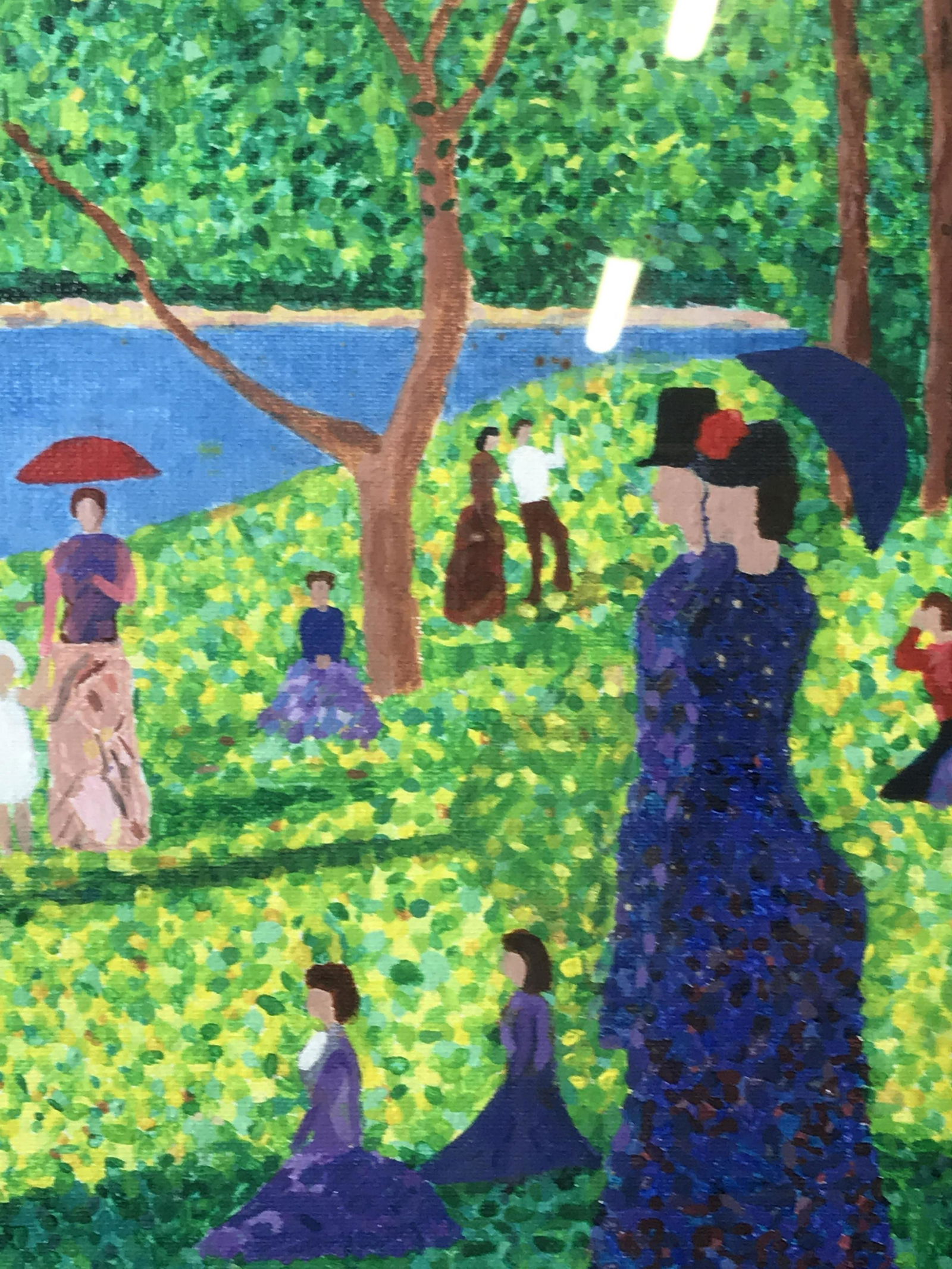 Acrylic Painting Reproduction of Seurat Art: Amateur Reproduction of masterwork A Sunday Afternoon on the Island of La Grande Jatte by Georges Seurat, acrylic on canvas board, no apparent signature, uses a less fine pointillism style, board not
