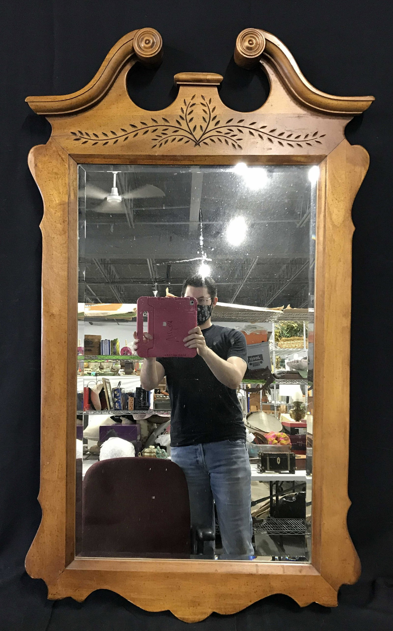 Large Wall Mirror 4.3 FT: Wood frame mirror, possibly vintage, measures approx 51.5 inches h, and 27.25 inches W. Wear is consistent with age. Mirror, wall mirror, home decor, vintage decor, vintage furnishings, decorative acc